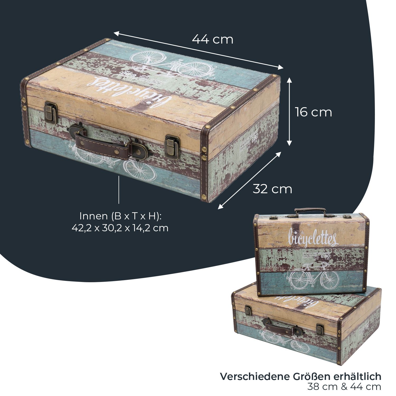 HMF Aufbewahrungsbox Vintage Koffer Holz, Aufbewahrungsbox mit Deckel und Ledergriff als, Geschenkidee für Hochzeit oder Geburtstag, Fahrrad, 44 x 32 x 16 cm – Bild 5 von 5