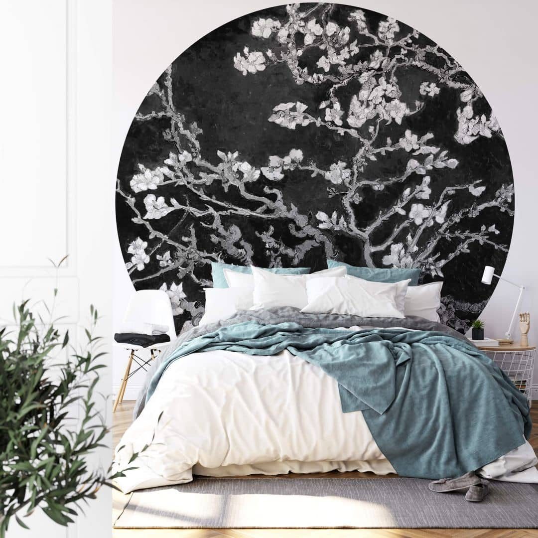K&L Wall Art Fototapete Fototapete van Gogh Mandelblüte schwarz Vliestapete Rund Tapete, Mandelbaum Tapete