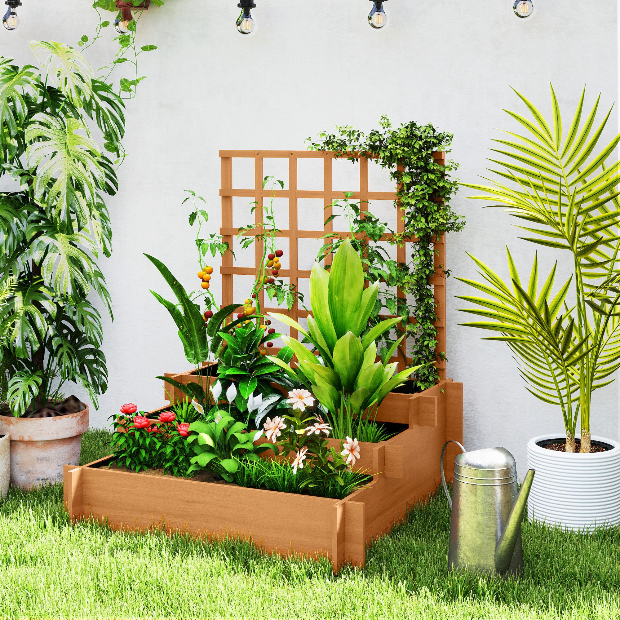Outsunny Hochbeet Pflanzkasten, Kräuterbeet mit Rankhilfe und Vliesstoff (Gemüsebeet, 1 St., 3-stufig Blumenkasten), für Garten, Balkon, Tannenholz, Braun, 95 x 95 x 110 cm