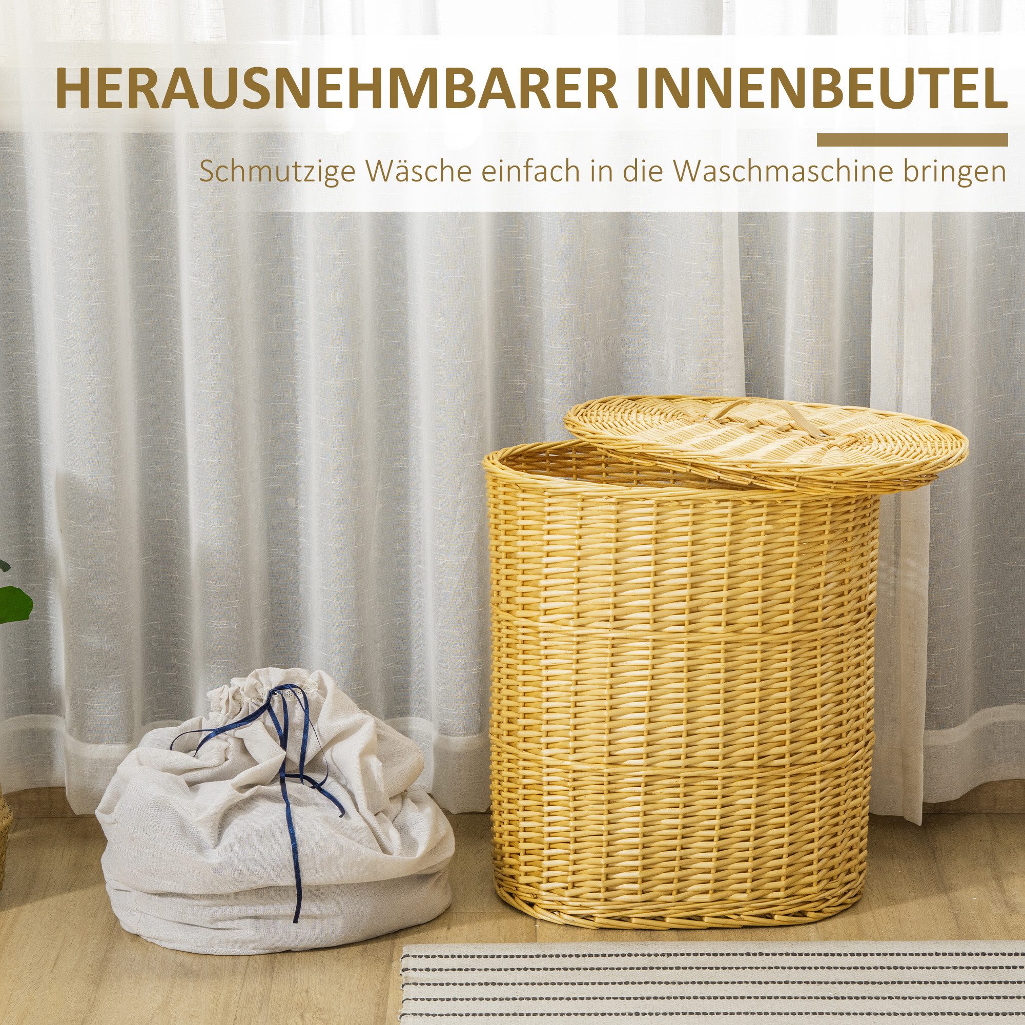 HOMCOM Wäschekorb Wäschesammler mit Deckel, mit Griff, Laundry Baskets (Wäschesammler, 1 St., Wäschebox), aus Weide, Natur 100L 51 x 38 x 57 cm – Bild 5 von 5