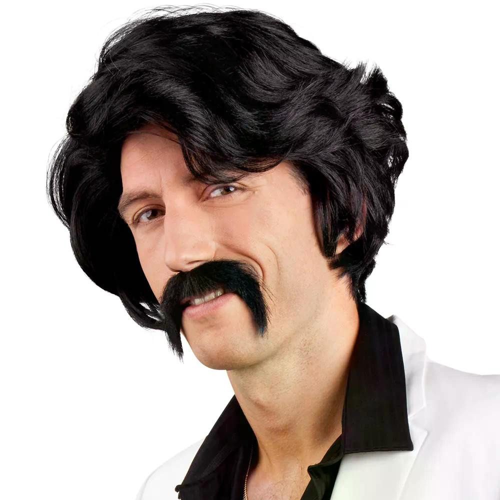 Boland Kostüm-Perücke Perücke Chuck schwarz Herren mit Schnurrbart Retro Kostümset 70er, Authentischer 70er Jahre und Disco-Look