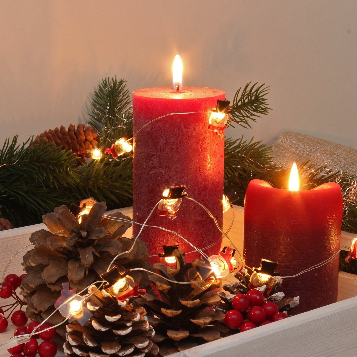 MARELIDA LED-Lichterkette Silberdraht Schneemannkopf Winter Weihnachtsdeko Acryl 20LED Batterie, 20-flammig