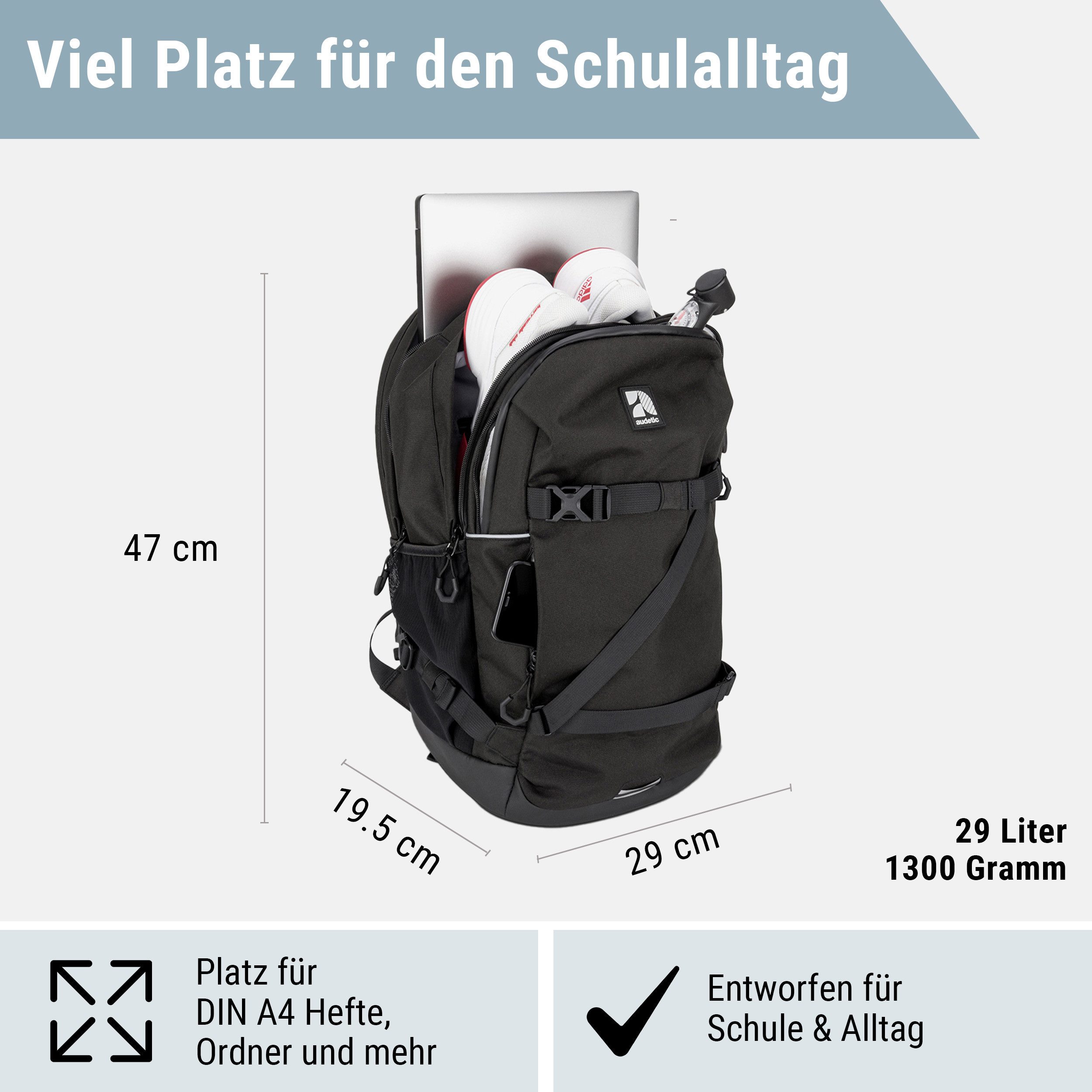audetic Schulrucksack Cosmo Rucksack Schule Mädchen Jungen Teenager (1-tlg), Ergonomisch, Gepolstert, Wasserabweisend