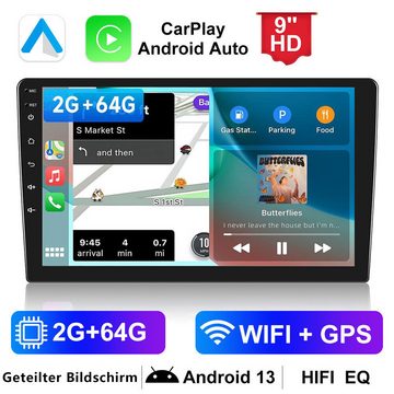 Hikity 2 DIN 2G+64G Android 9 Zoll Carplay Autoradio GPS Navi WiFi Bluetooth Autoradio (Android 13, Car Stereo Radio, Carplay / Auto, WIFI BT FM)