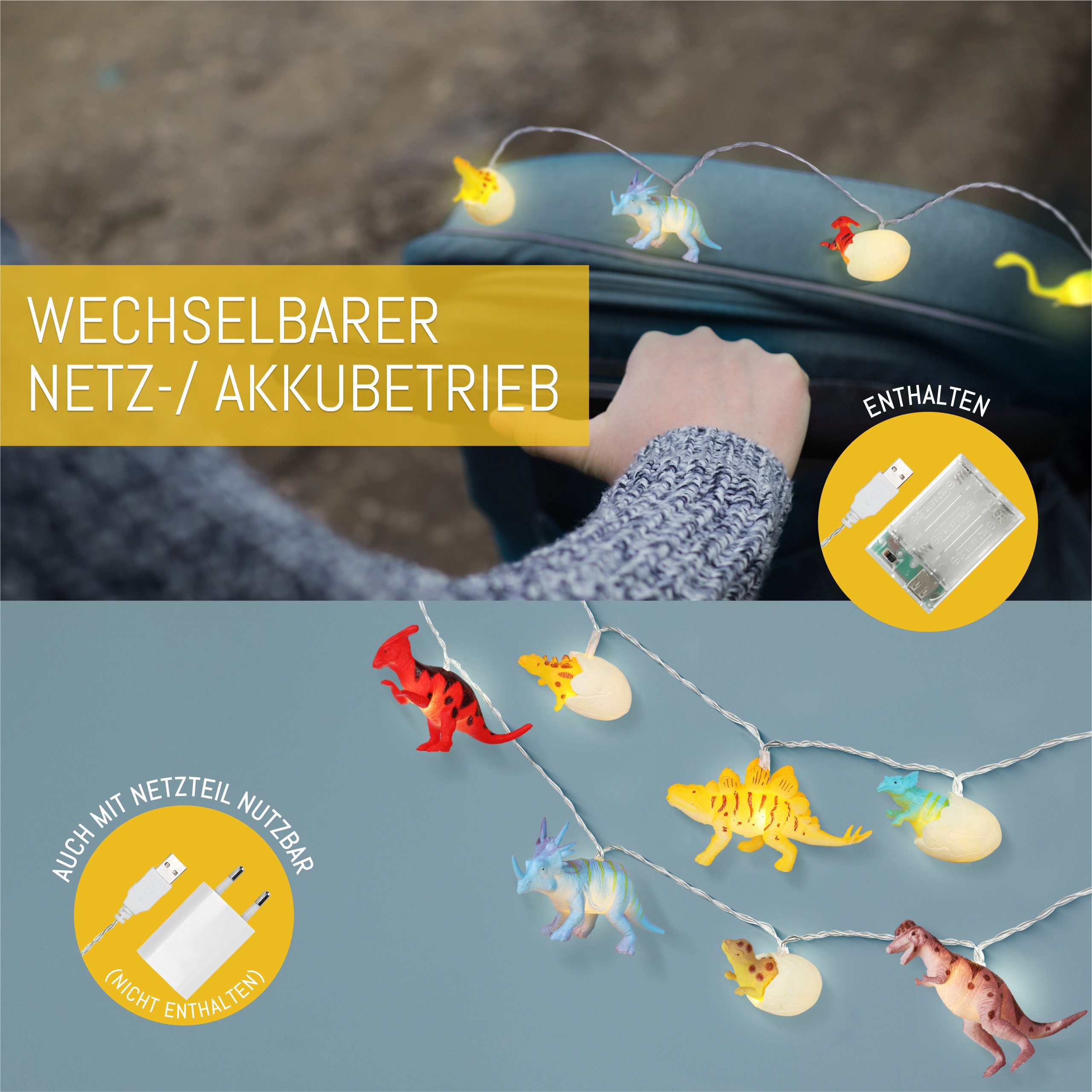 COZY HOME LED-Lichterkette Dino Lichterkette Batterie und Stecker -, 12 LED Figures I Warmweißes LED-Licht I Dino Design I EU-Konformität – Bild 5 von 5