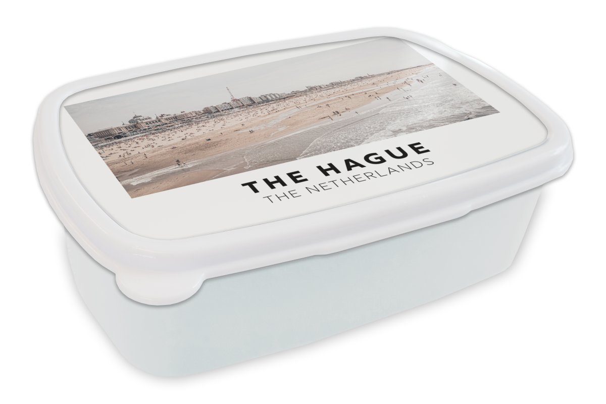 MuchoWow Lunchbox Niederlande - Den Haag - Strand, Kunststoff, (2-tlg), Brotbox für Kinder und Erwachsene, Brotdose, für Jungs und Mädchen weiß