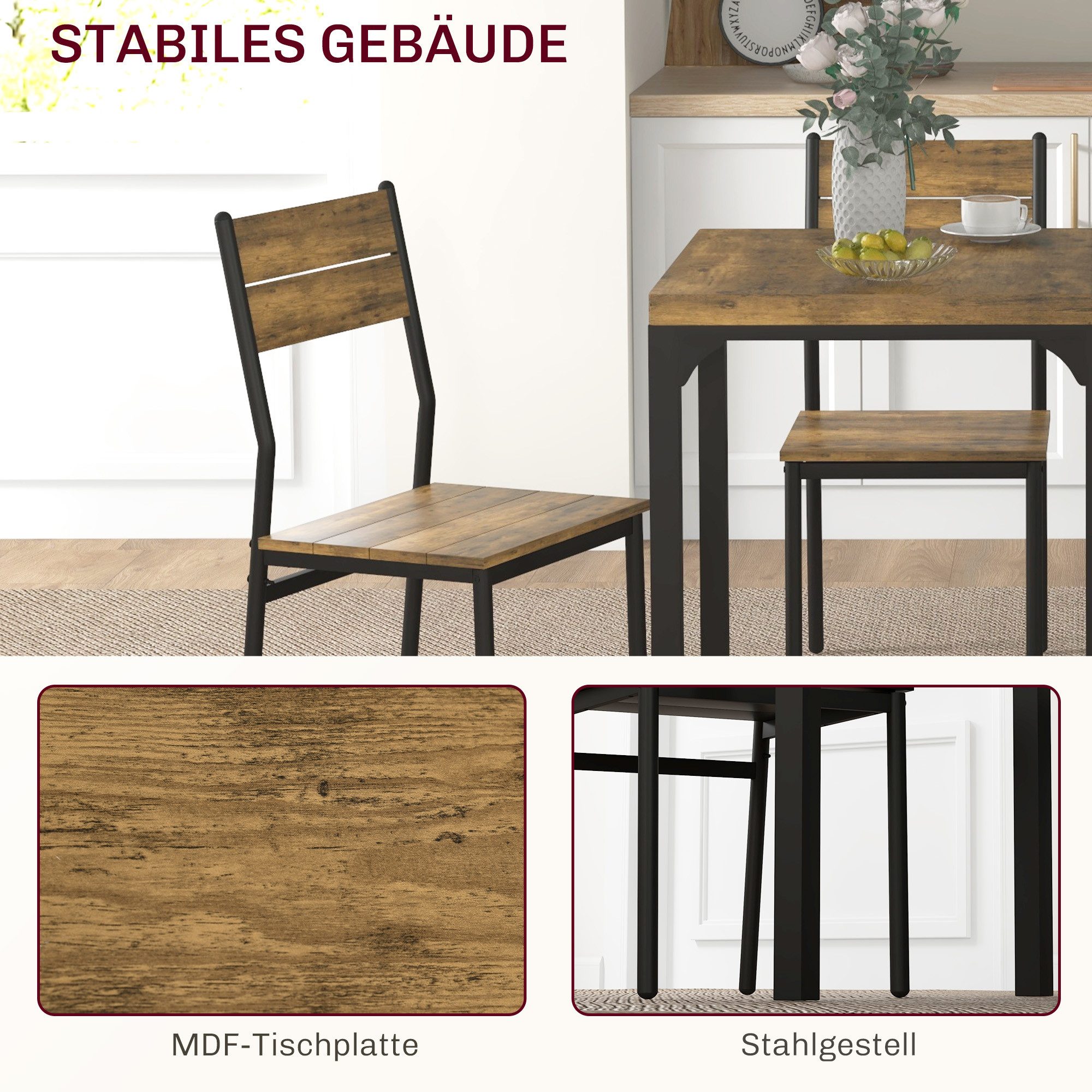 HOMCOM Essgruppe Sitzgruppe Küchentisch mit Metallgestell, (Esszimmergruppe, 3-tlg., Esstisch Set Holztisch), mit 1 Tisch + 2 Stühlen, Naturholzmaserung – Bild 5 von 5