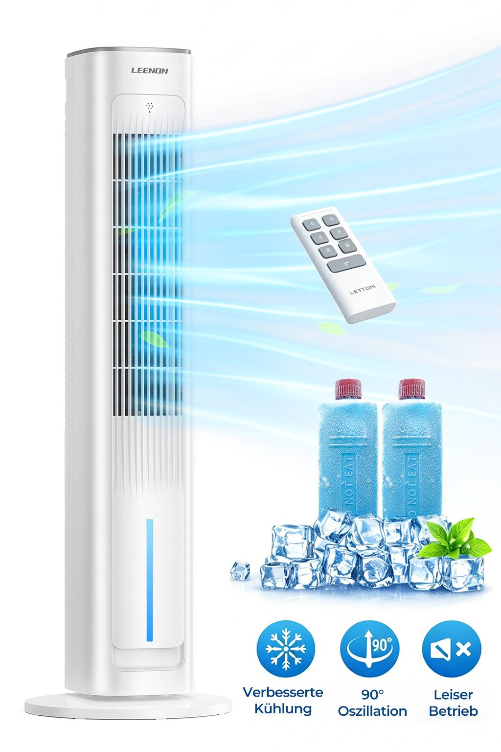 LEENON Turmventilator mit Wasserkühlung,Befeuchter&Aroma-Diffusor,4in1,leise,90° Oszillation, Luftkühler mit Timer & Fernbedienung,LED-Display,weiß,3 Lüftungs-Modi