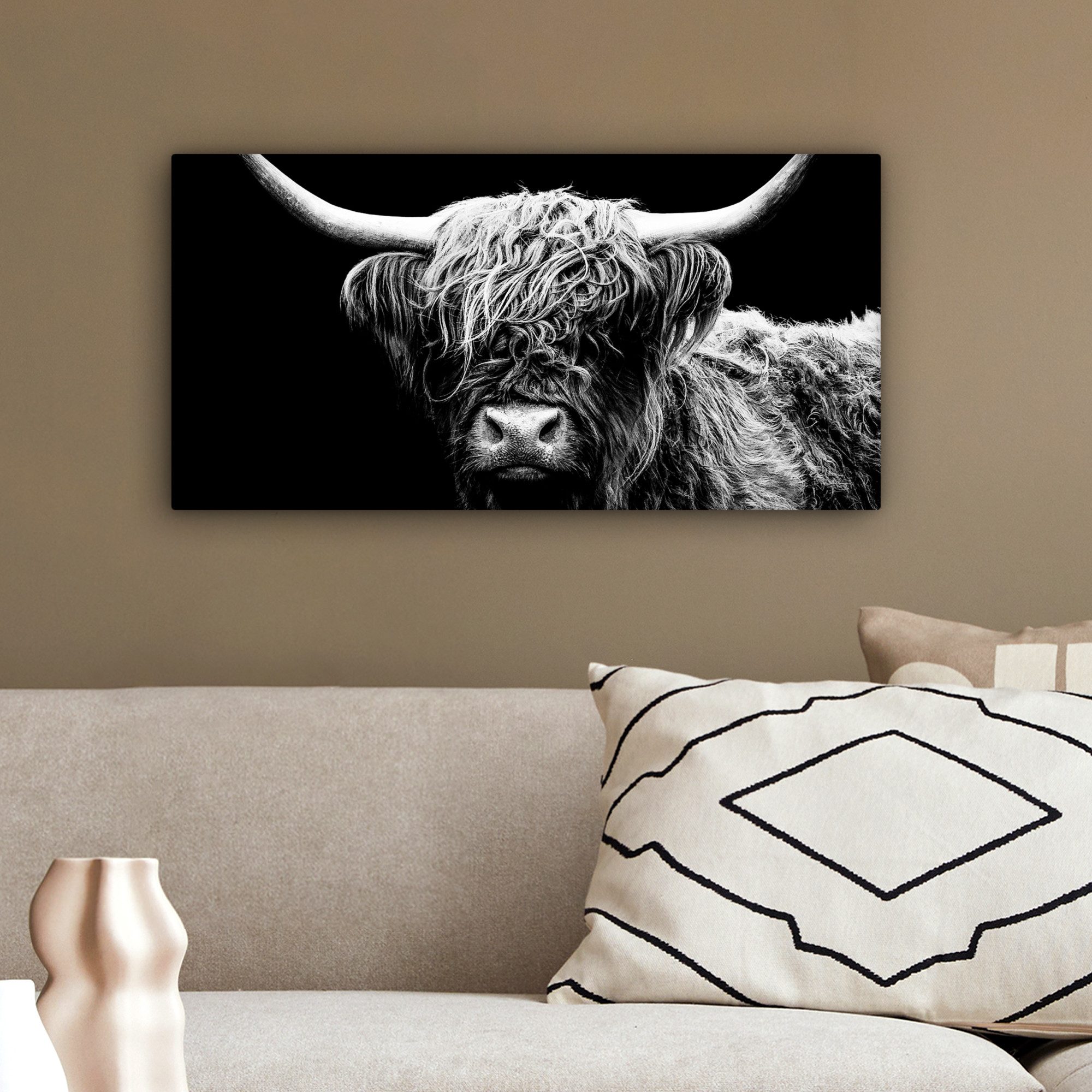 OneMillionCanvasses® Leinwandbild Panorama Schottischer Highlander - Kuh - Schwarz - Weiß - Tiere, Fotodruck (1 St), Wandbild, Deko Schlafzimmer Wohnzimmer Flur 40x20 cm