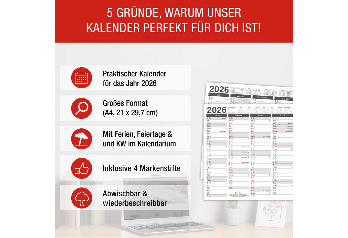 Thumbnail - TOBJA Wandkalender Abwischbarer Wandkalender Grau 2026 A4 - 4 Stifte, Tafelkalender inkl. 4x edding - Kalender A4 abwisc...