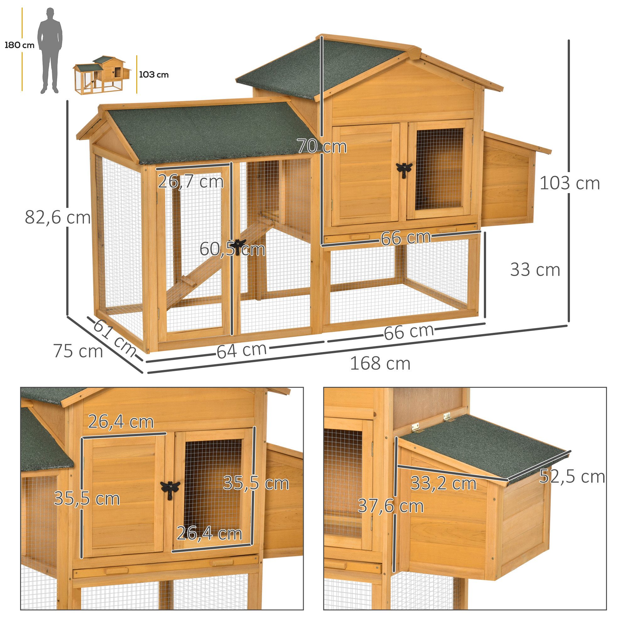 PawHut Hühnerstall mit Auslauf winterfest Hühnerhaus aus Holz, für Garten, Balkon, Gelb+Grün