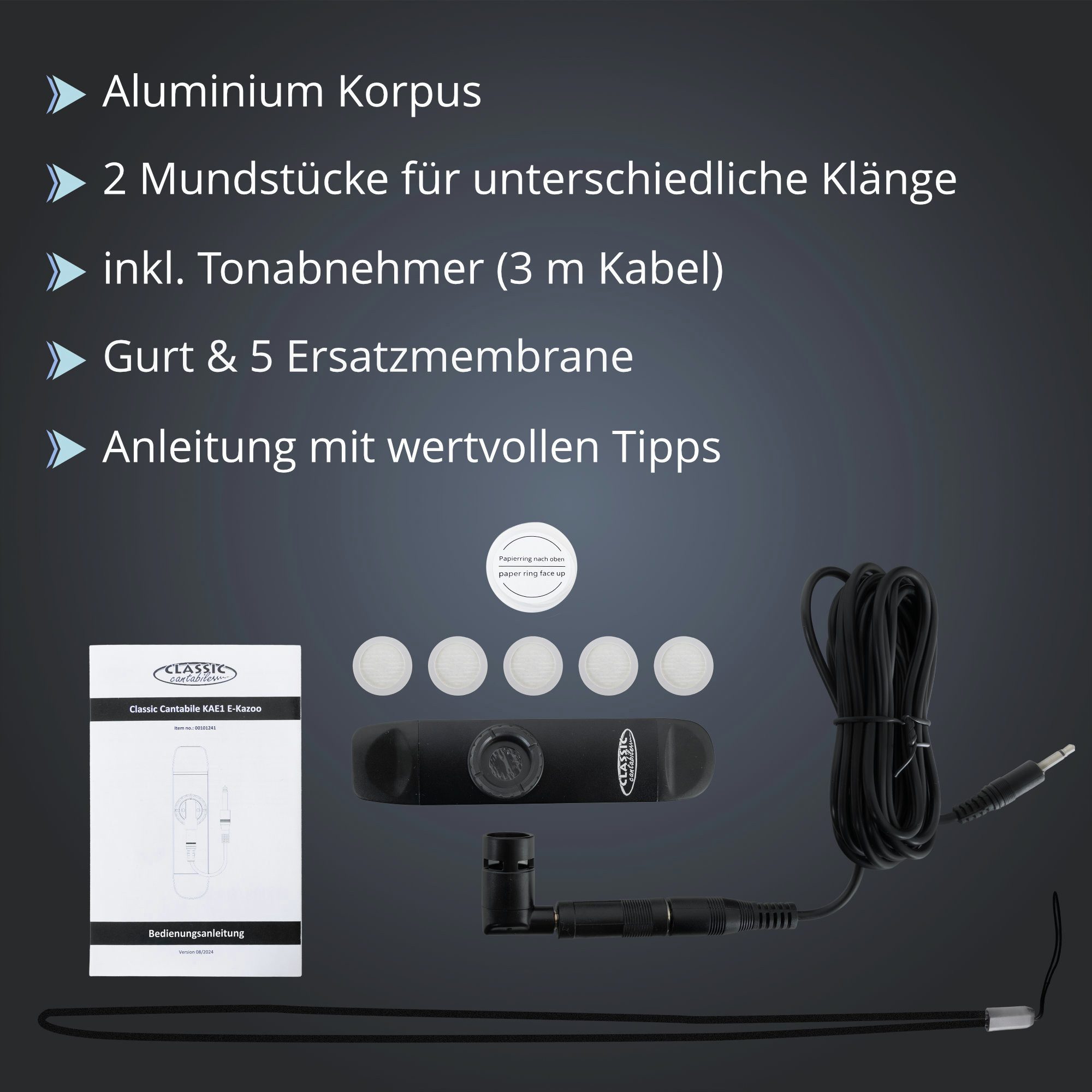 Classic Cantabile Blockflöte KAE1 E-Kazoo - Beidseitig spielbares Kazoo mit Tonabnehmer, 10-St., Robuster Aluminium-Korpus für satten Sound und Langlebigkeit