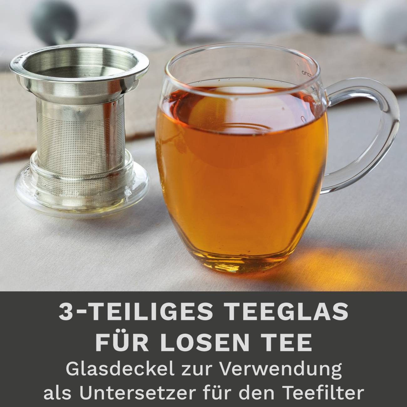Creano Teeglas Teeglas “All in One” mit Edelstahlsieb und Glasdeckel, 400ml, 3-tlg., Borosilikatglas, 3-teilig