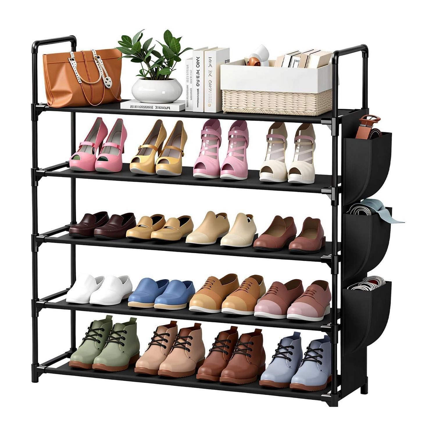 LuxusKollektion Schuhregal Schuhregal 5 Etagen Metall Schwarz mit Seitentaschen, 1-tlg.