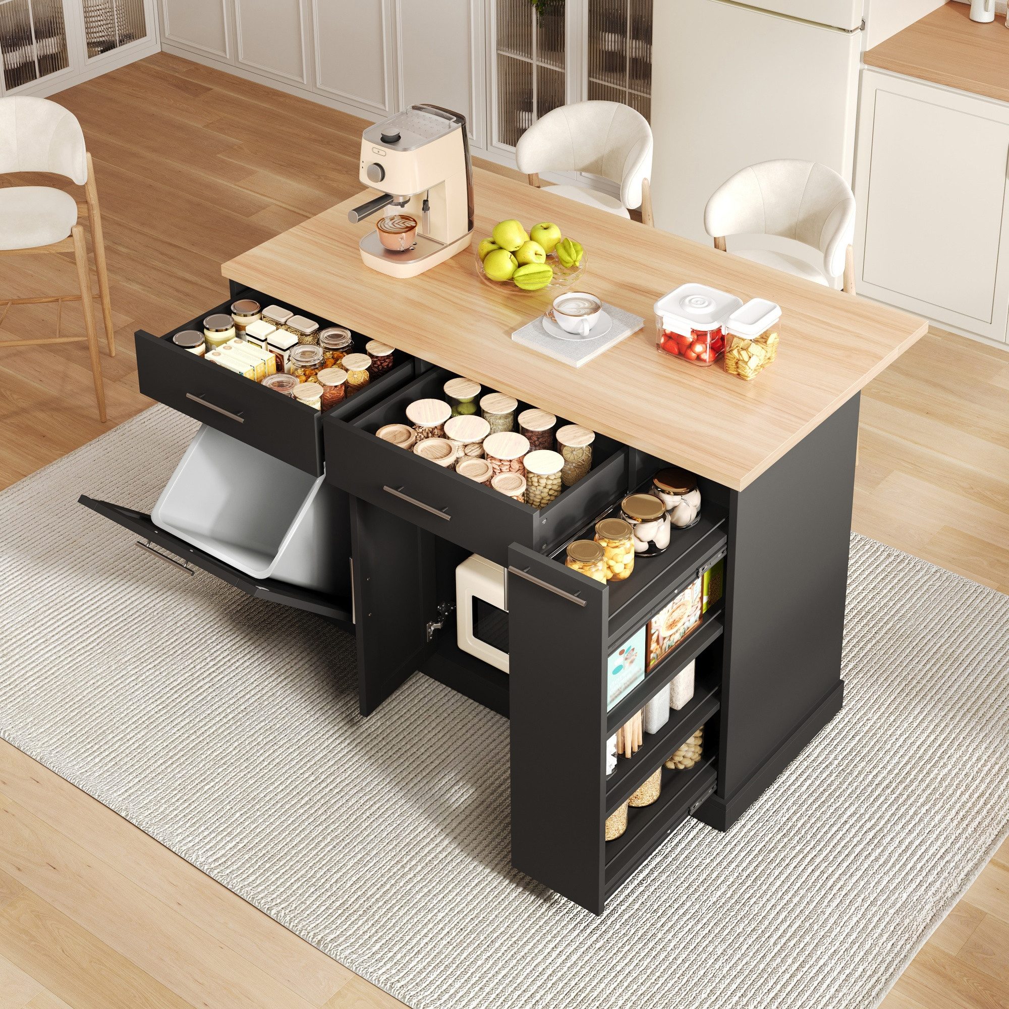 i@home Kücheninsel Küchenwagen, (klappbare Arbeitsplatte, Mülleimerschrank, feststellbare Rollen), auf Rollen 120×70×93cm mobiler Servierwagen für Esszimmer