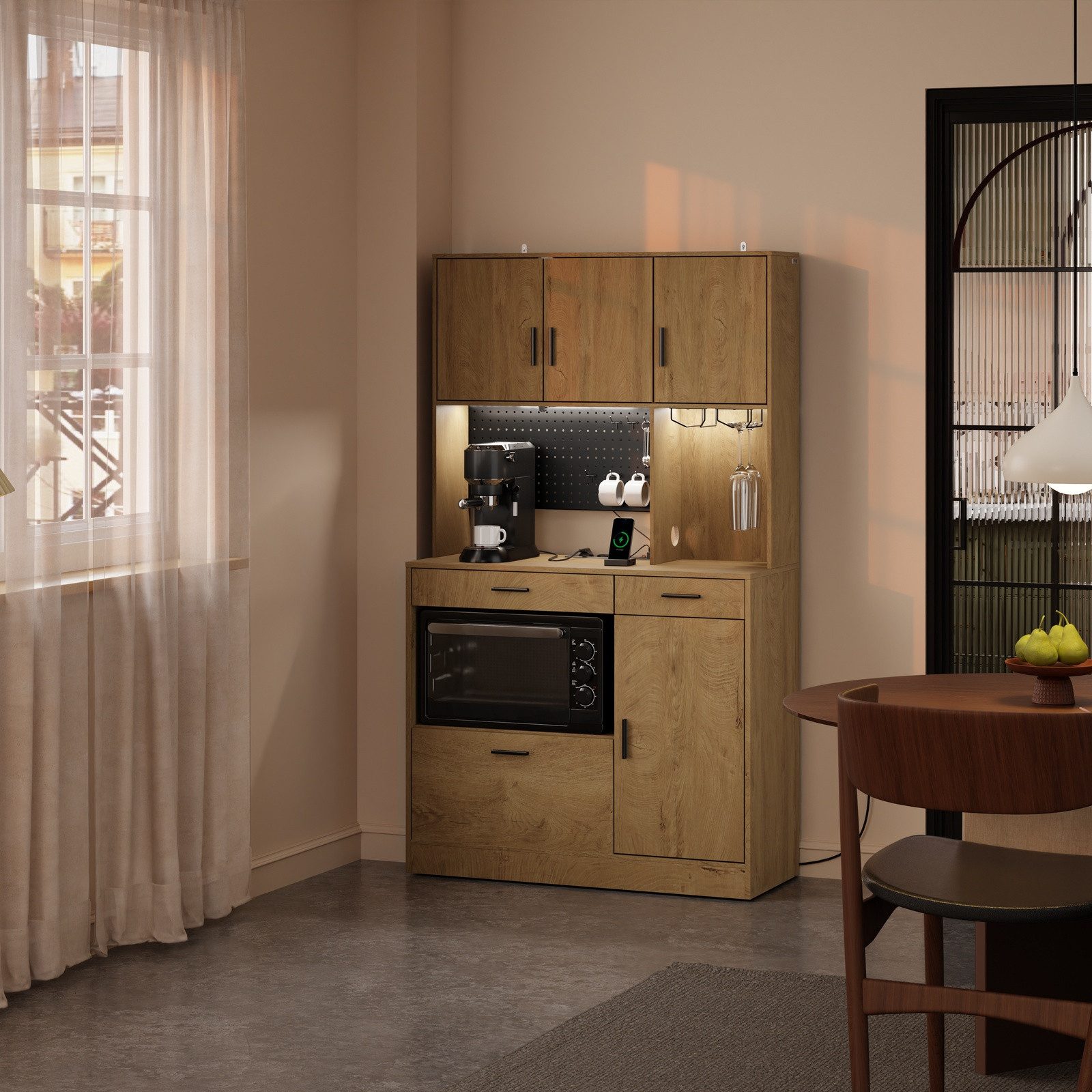 SoBuy Buffet FSB98-L-E, Hochschrank Küchenschrank Buffetschrank mit LED, Steckdose Sideboard mit 4 Türen, 3 Schubladen, USB-Anschluss, Pegboard für Küche