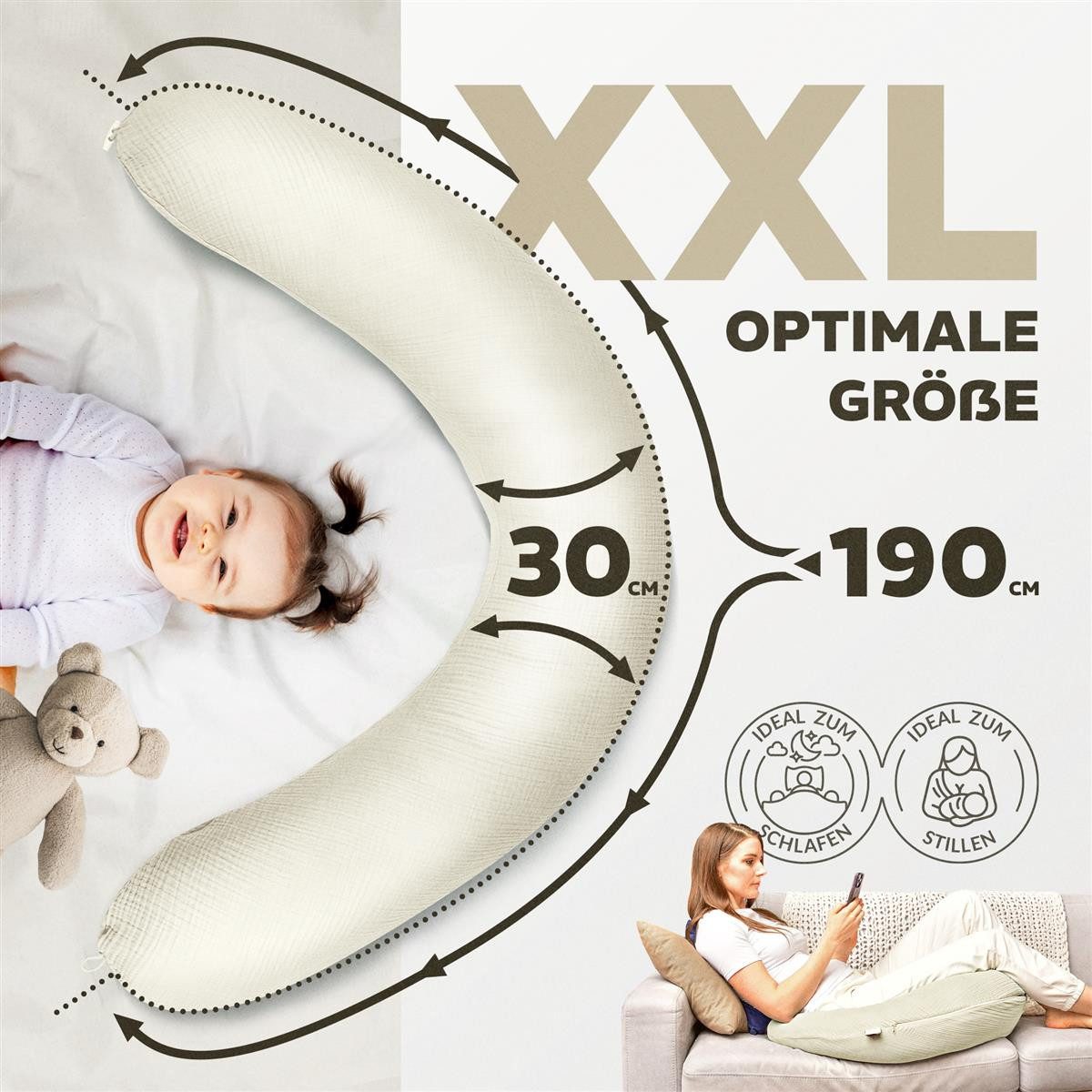 SEI Design Stillkissen Seitenschläferkissen XXL Babynest - Baby Erstausstattung Neugeborene, Schwangerschaftskissen mit Bezug, Schwangerschaftskissen mit Bezug, – Bild 3 von 5