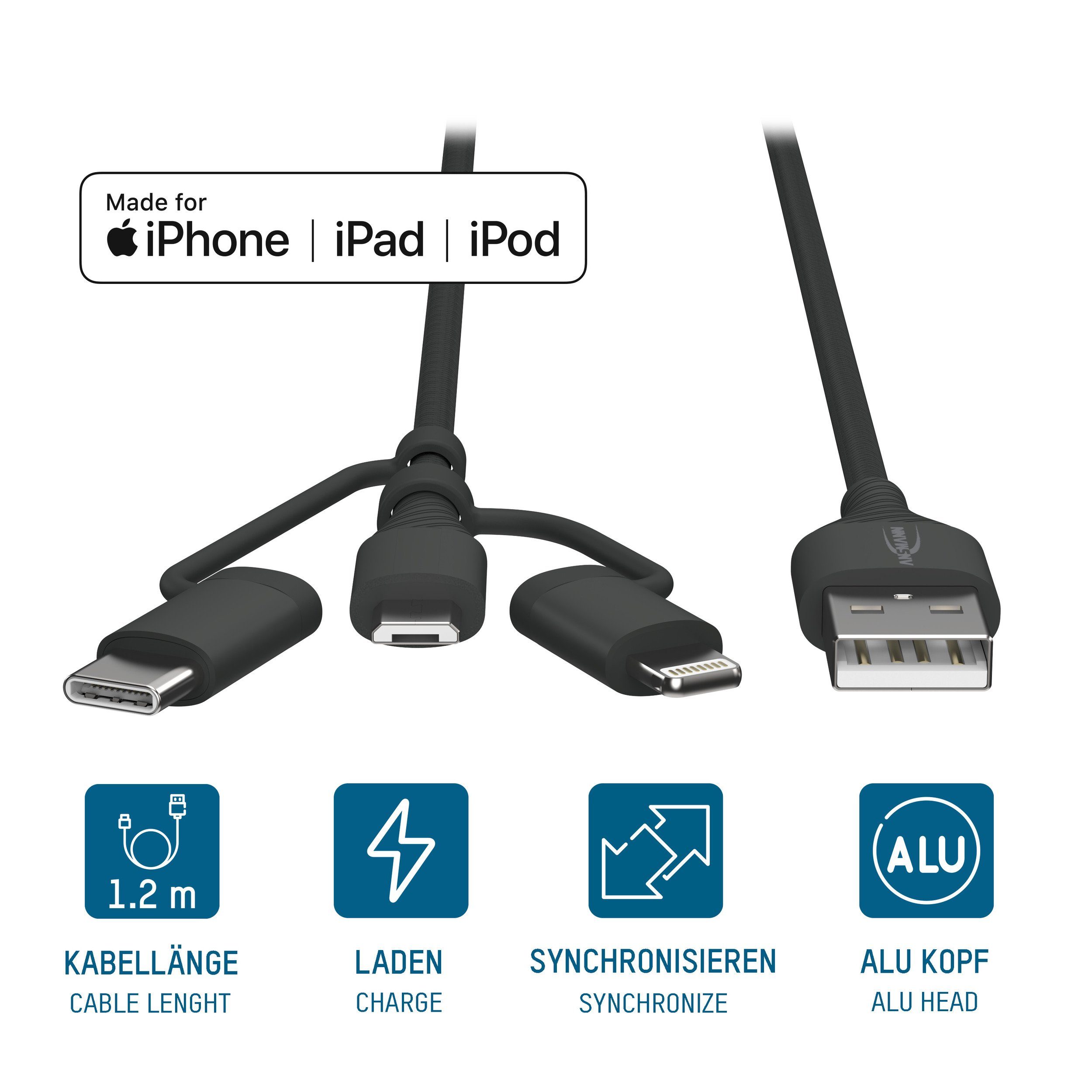 ANSMANN AG USB 3-in-1 Micro/Type-C/ Lightning Daten und Ladekabel, 120 cm USB-Kabel