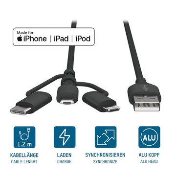 ANSMANN AG USB 3-in-1 Micro/Type-C/ Lightning Daten und Ladekabel, 120 cm Smartphone-Kabel