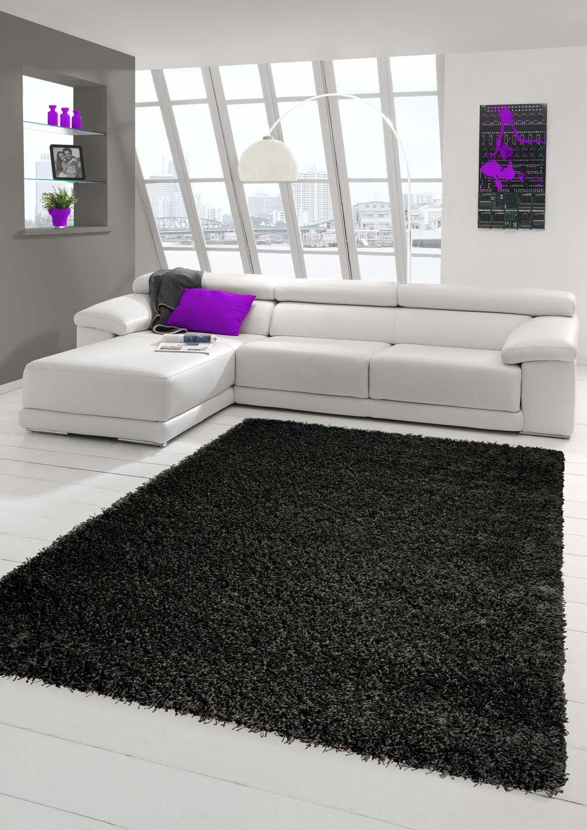 Hochflor-Teppich »Shaggy Teppich Hochflor Langflor Teppich Wohnzimmer  Teppich Gemustert in Uni Design Schwarz«, Teppich-Traum, rund, Höhe 50 mm  online kaufen | OTTO