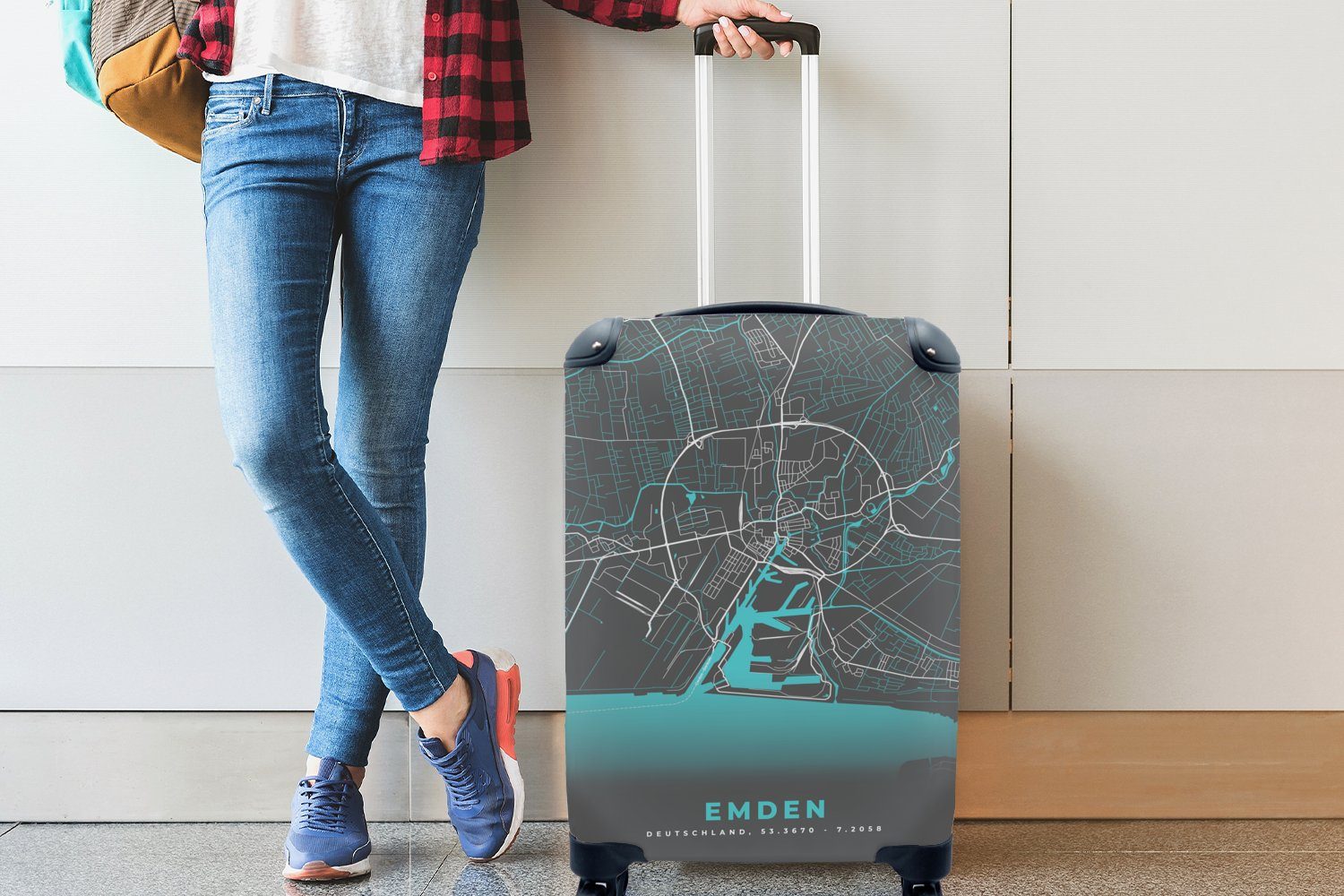 rollen, - - MuchoWow Deutschland, - Stadtplan Blau Emden - Ferien, 4 Karte Reisetasche Reisekoffer Handgepäckkoffer für Trolley, Rollen, mit Handgepäck