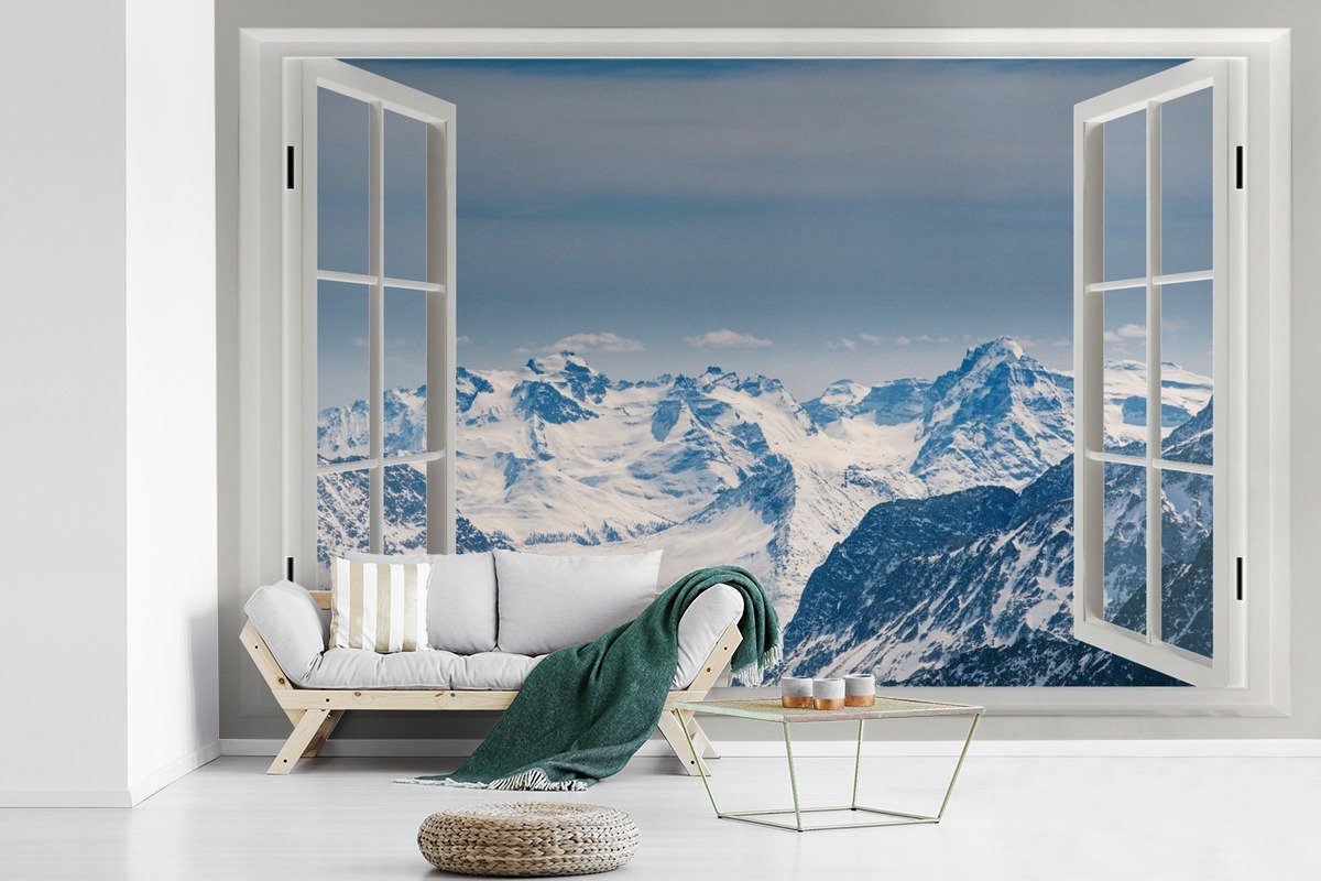 MuchoWow Fototapete Aussicht - Schnee - Berge, Matt, bedruckt, (6 St), Wallpaper für Wohnzimmer, Schlafzimmer, Kinderzimmer, Vinyl Tapete