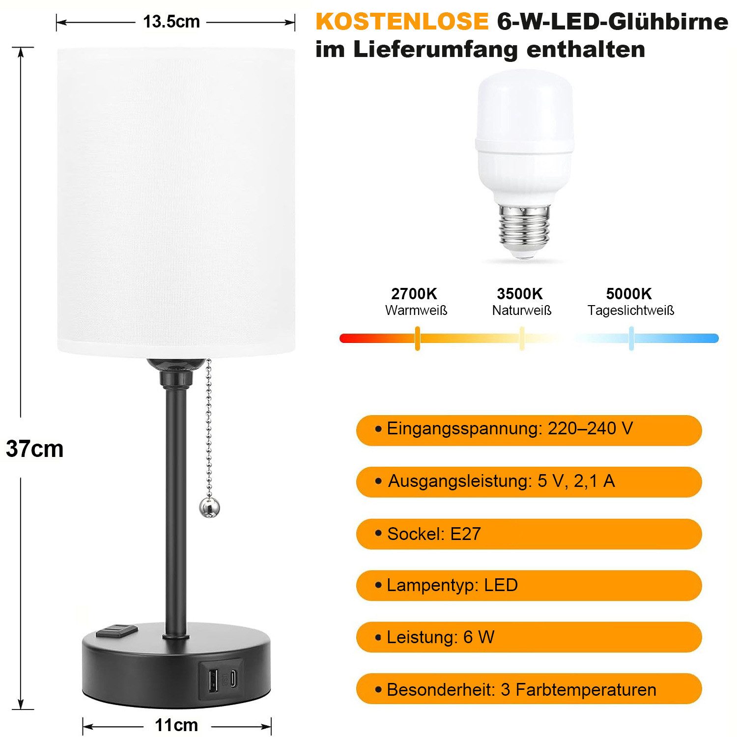 Lapalife Nachttischlampe 3 Farbtemperaturen Tischlampe mit USB A und C, Reißverschlussschalter, Mit LED Birne Kleine Lampen für Nachttisch Wohnzimmer Schlafzimmer