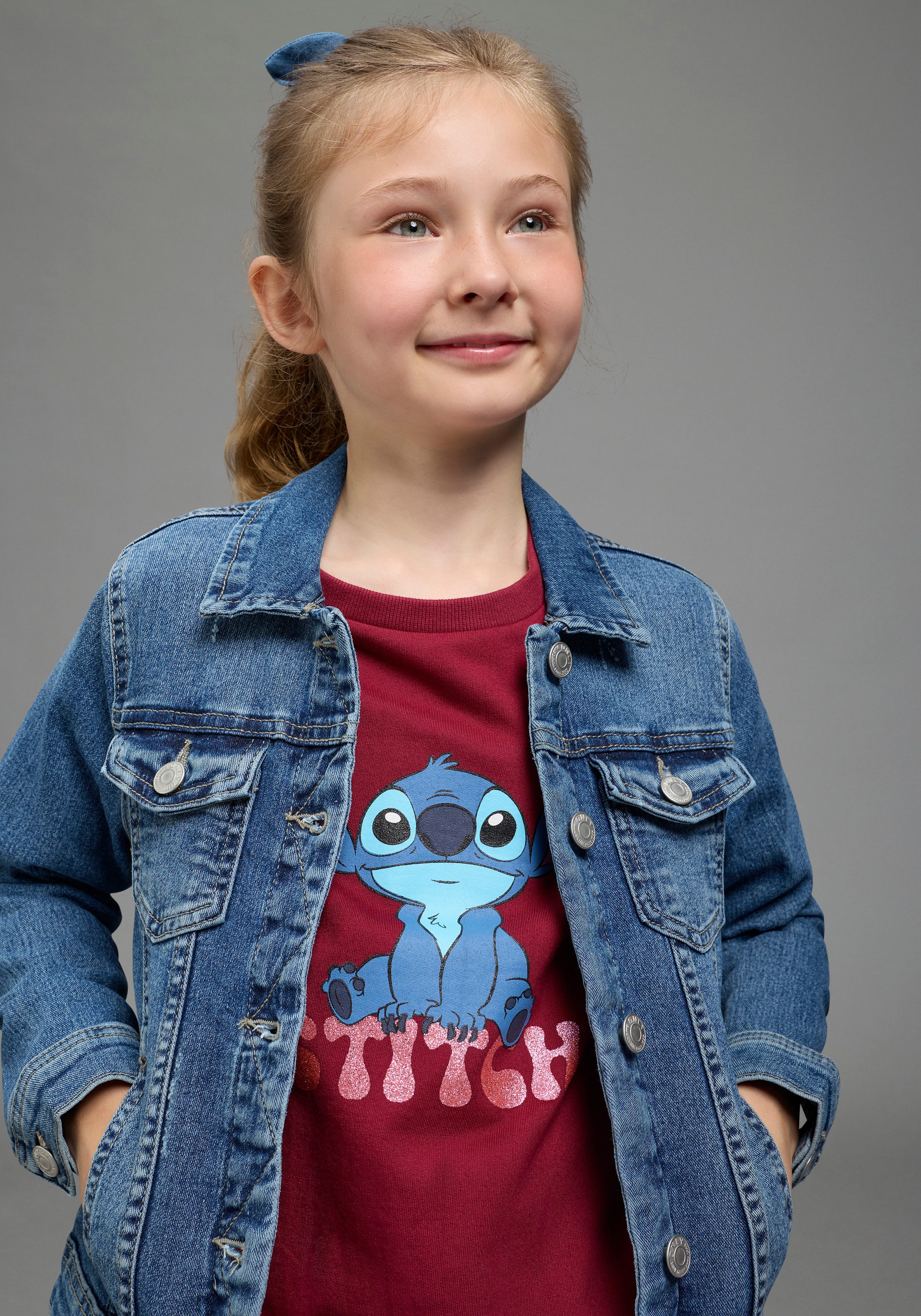 KIDSWORLD Sweatshirt STITCH Glitzerprint Sweatshirt, Disney mit Rundhalsausschnitt, mit Rippbündchen, hüftbedeckende Länge