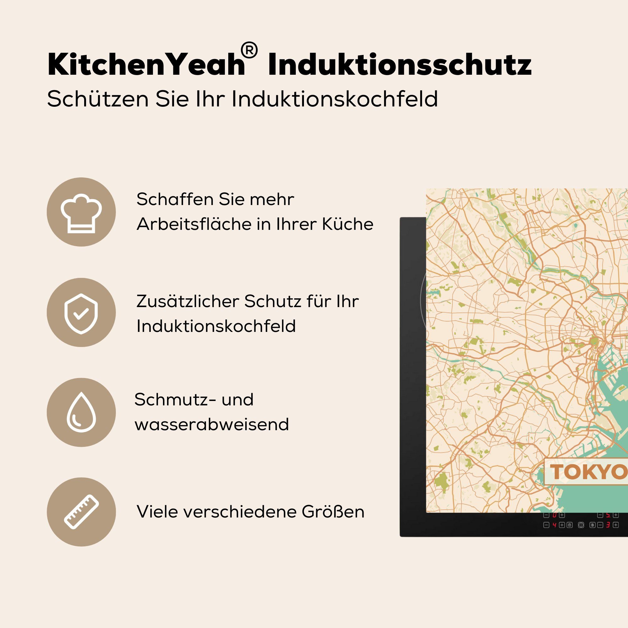 Arbeitsplatte küche Karte, MuchoWow - Tokio für cm, Herdblende-/Abdeckplatte Ceranfeldabdeckung, tlg), - Stadtplan Karte - (1 78x78 Vinyl, - Vintage