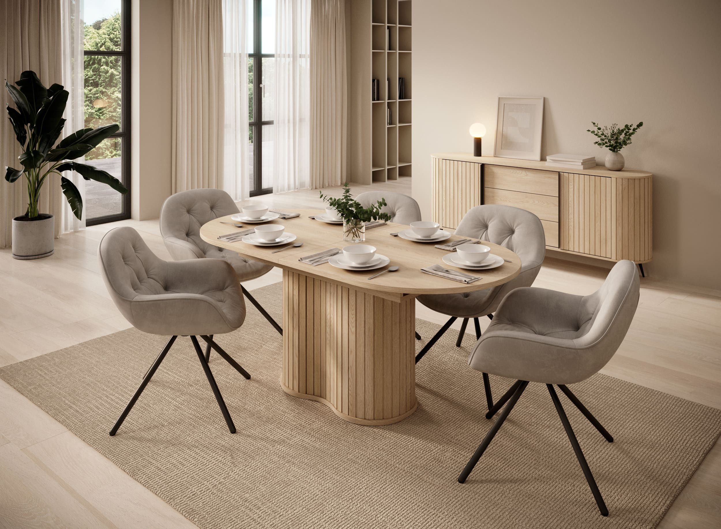MOEBLO Esstisch Ausziehbarer NOLI (ovaler Esstisch Glatte Tischplatte auf Basis mit Rillenstruktur, 3D-Optik, Design-Fronten in Eiche Cremona), (BxHxT): 180–220 x 75,6 x 90 cm