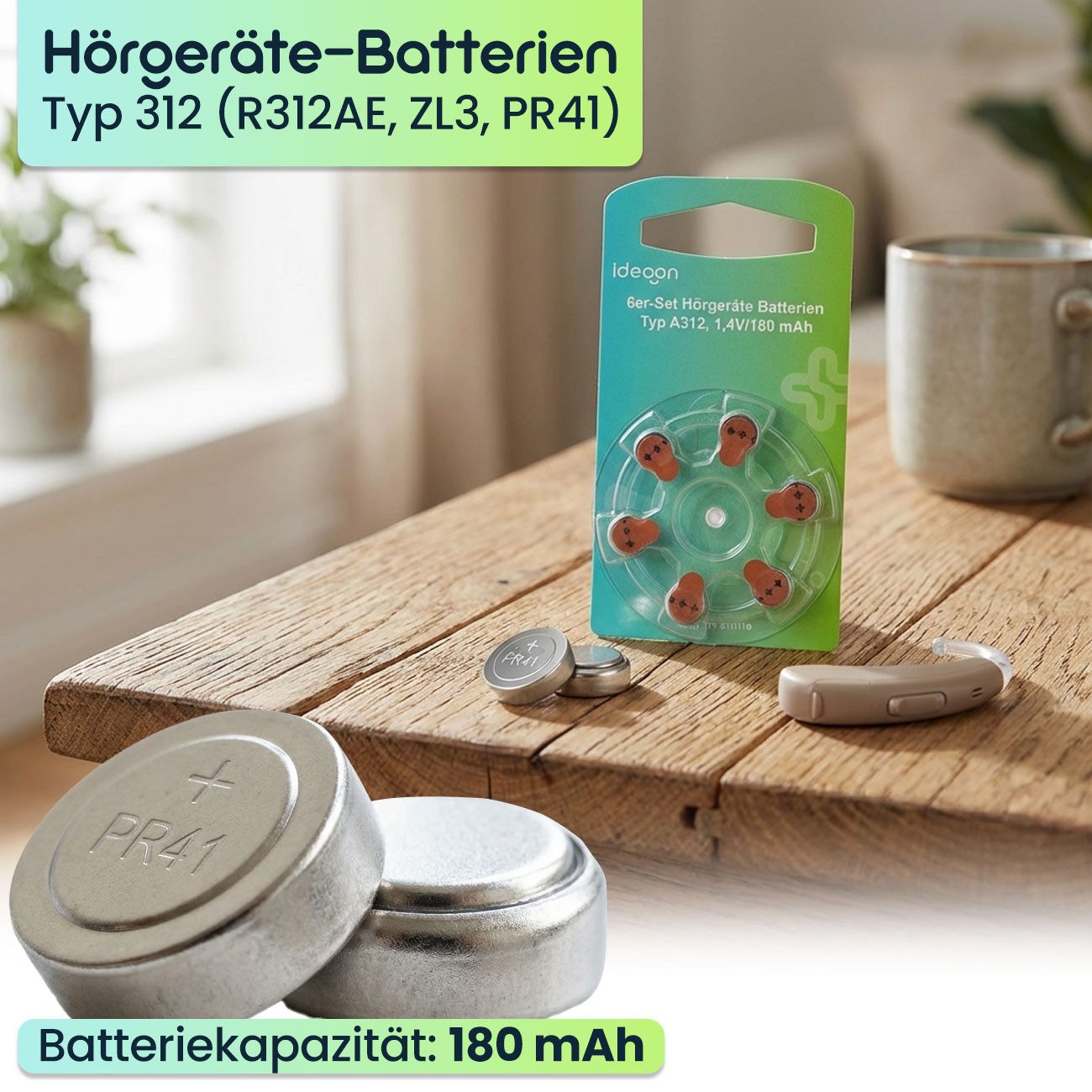 shop'n smile ideoon Hörgeräte-Batterien 312 Braun 1,4V 180mAh Knopfzellen 6/12/24 St. Knopfzelle, 1,45V Knopfzellen, 180 mAh, braune Kennzeichnung, Ø7,9 × H3,6 mm