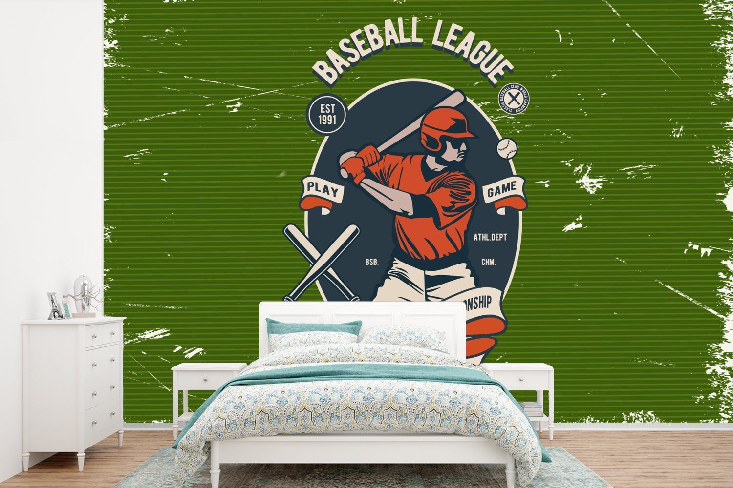 MuchoWow Fototapete Baseball - Baseball - Retro, Matt, bedruckt, (6 St), Wallpaper für Wohnzimmer, Schlafzimmer, Kinderzimmer, Vinyl Tapete