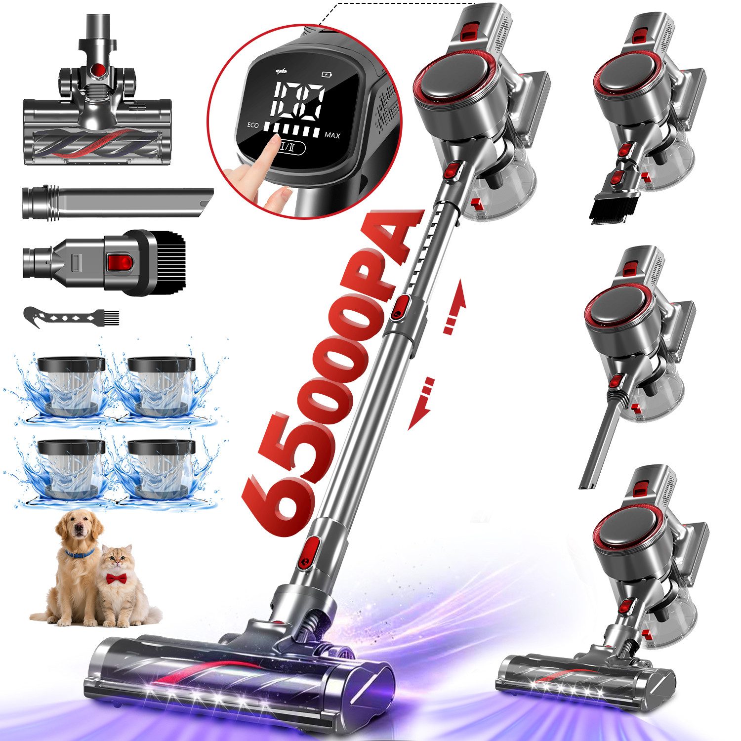 Hiazurm Akku-Hand-und Stielstaubsauger Akku Staubsauger, Staubsauger Kabellos 65000Pa/60Min/1.8L, Vielseitiger Akkusauger für Teppich, Hartboden, Tierhaare, HEPA*4, Akku-Sauger mit grünem Licht, Staubsensor und 90°-Standfunktion