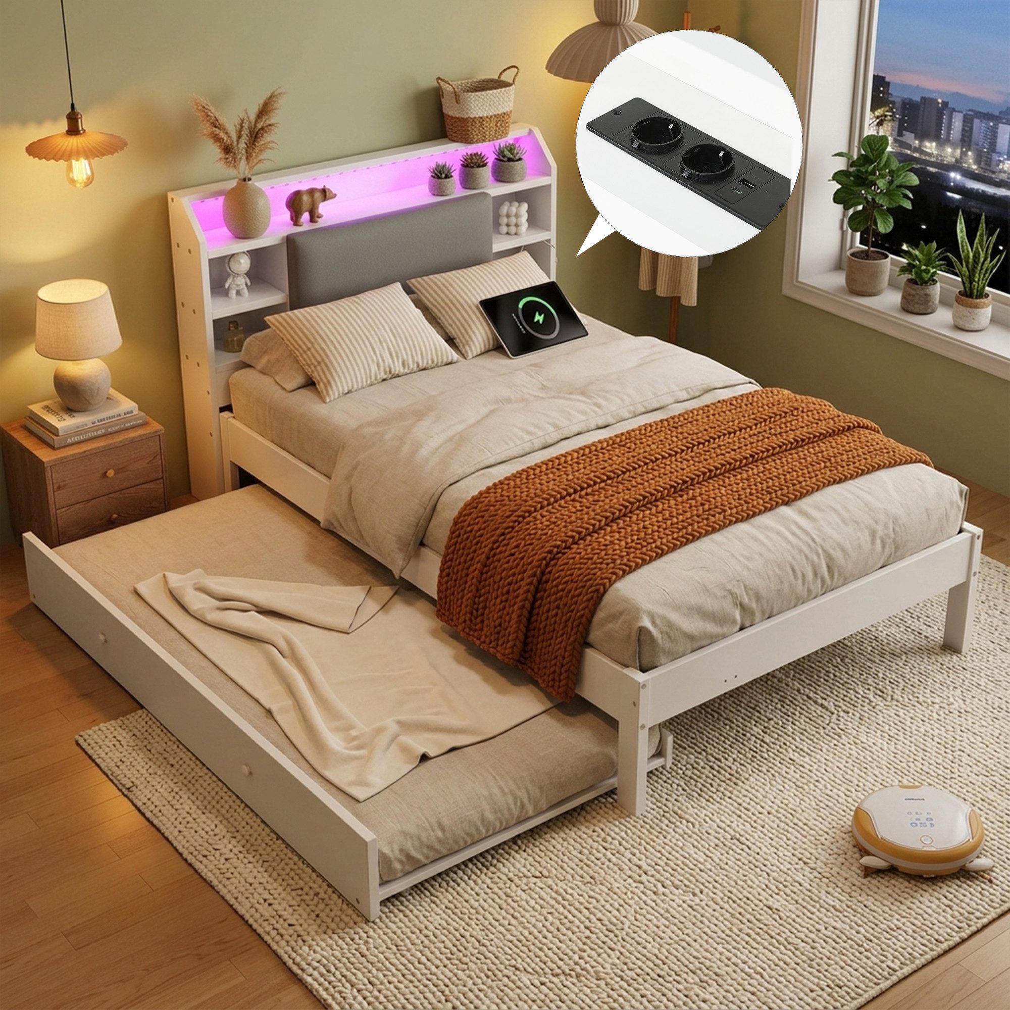 i@home Funktionsbett Holzbett 120x200 cm mit Ausziehbett 90x190 cm, weißes Funktionsbett, Kopfteilregal und Ladestation, Ausziehbett links/rechts montierbar