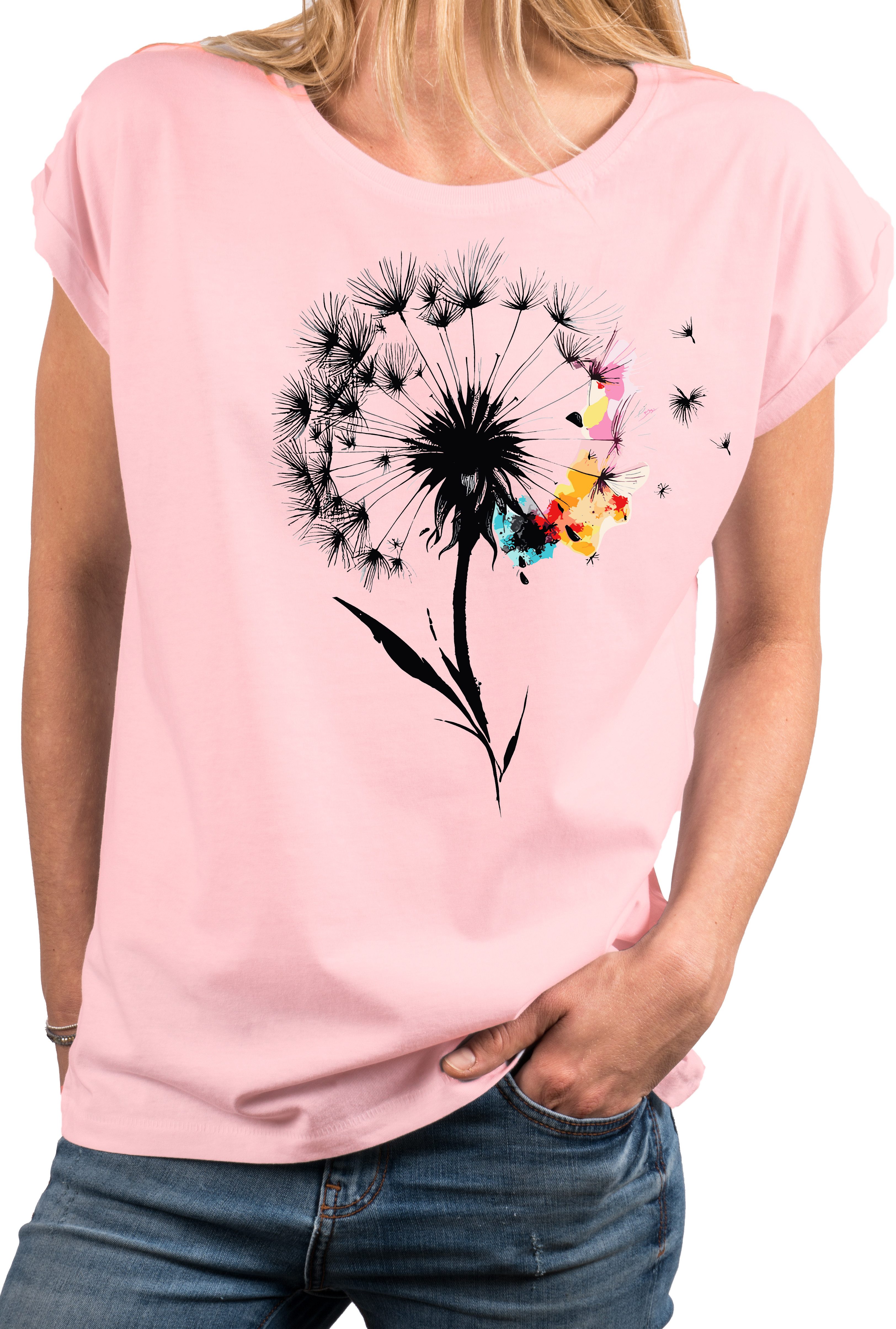 MAKAYA T-Shirt Damen-Top mit Pusteblumen-Print – florales Sommer-Shirt aus Baumwolle (Weiß, Rosa, Hellgrau, 34, 36, 38, 40, 42, 44, 46, 48, 50) Baumwolle