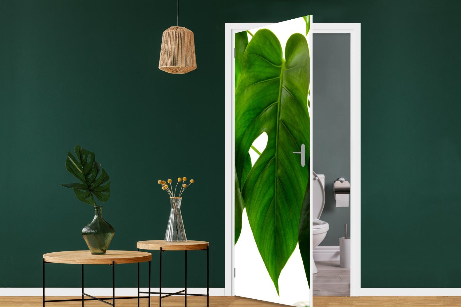 St), Matt, Blatt 75x205 botanisches cm Türaufkleber, grünes auf weißem für Hintergrund, Tür, Ein Fototapete bedruckt, MuchoWow (1 und Türtapete