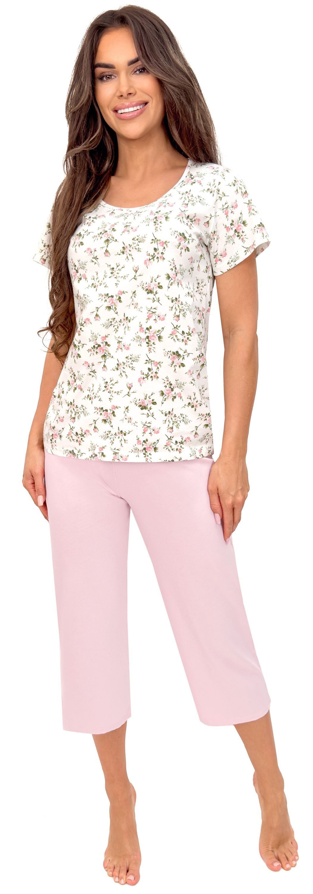 Donna Schlafanzug Emilia (Set, 2 tlg., 2-teilig) Damen Capri-Pyjama 2-teilig 3/4 Hose Kurzarm Baumwolle