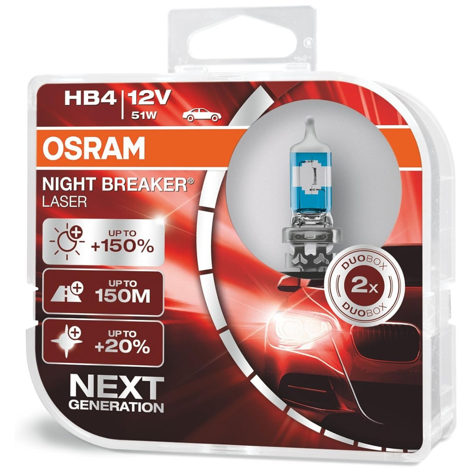 Osram KFZ-Ersatzleuchte 2x Osram HB4 Night-Breaker Laser 12V 51W P22d, 2 St., Kaltweiß, Duo Box Xenon Look Effekt Halogen-Birnen Scheinwerfer-Lampe