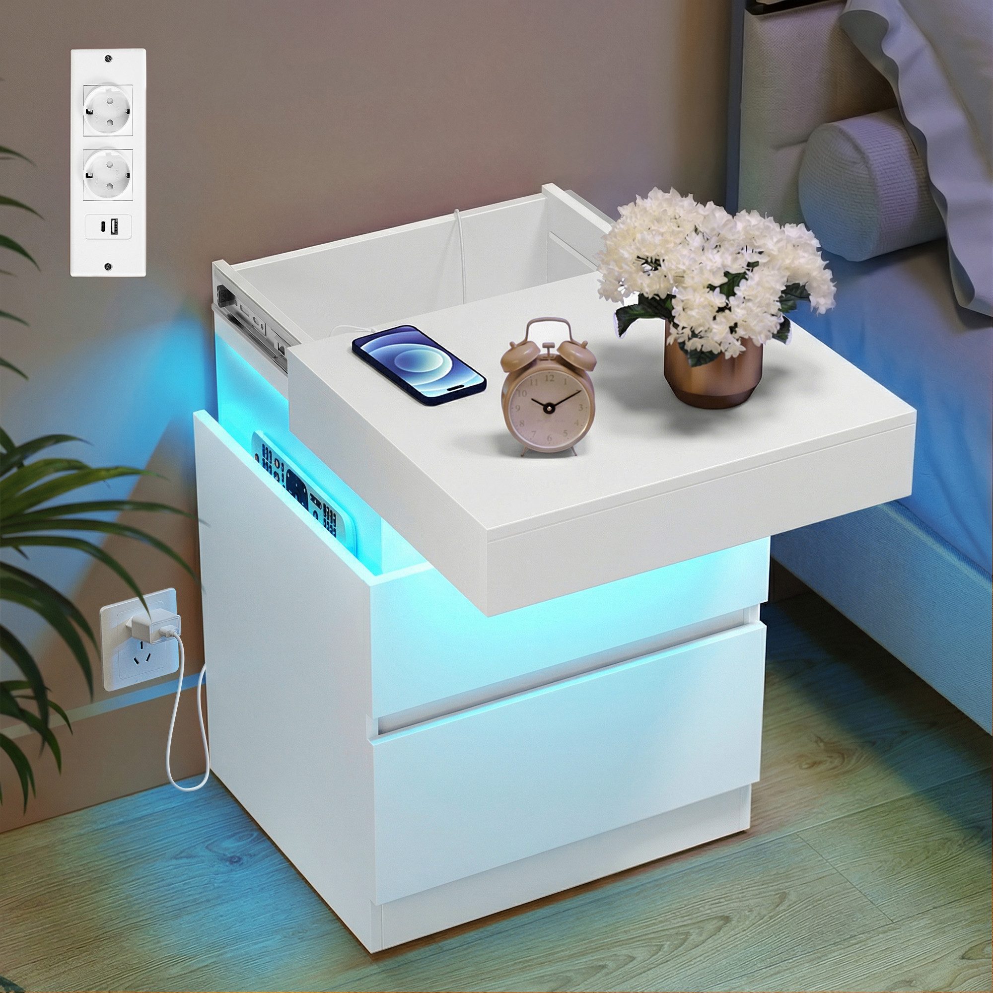 VASAGLE Nachttisch mit Steckdosen, Schiebedeckel, 2 Schubladen und LED-Beleuchtung, moderner Beistelltisch, 1er/2er Set