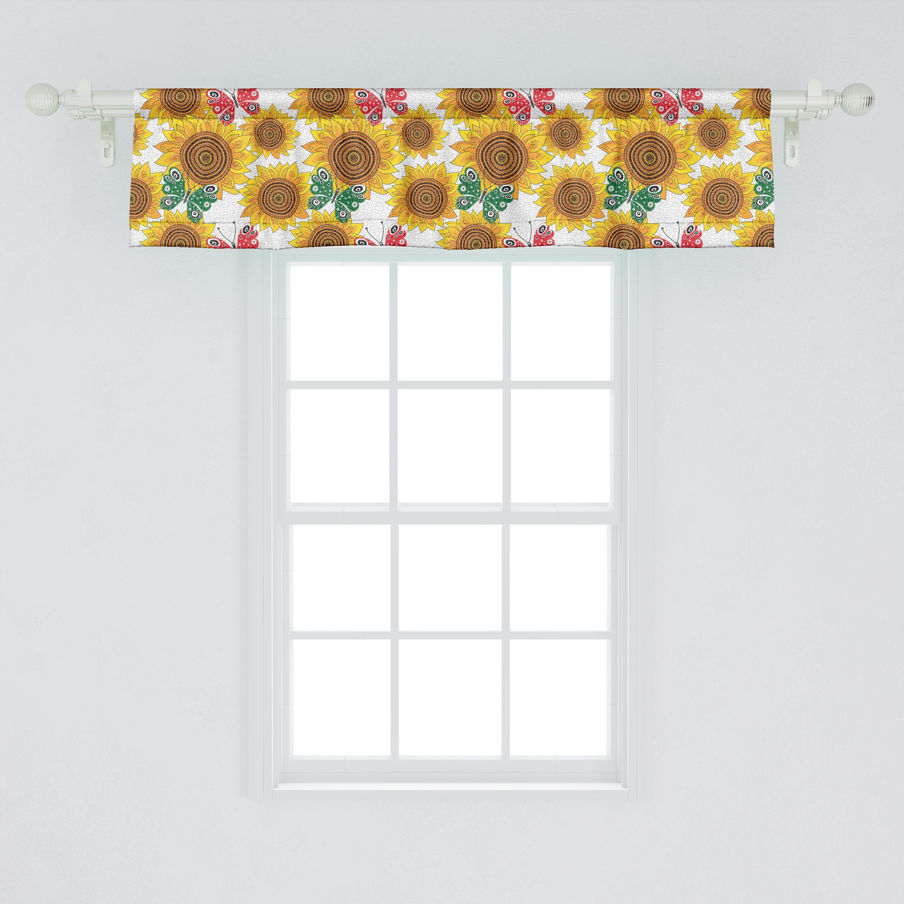 Stangentasche, Vorhang Küche Microfaser, Abakuhaus, Volant Schlafzimmer mit für Scheibengardine Dekor Blumen Sonnenblumen Schmetterlinge und