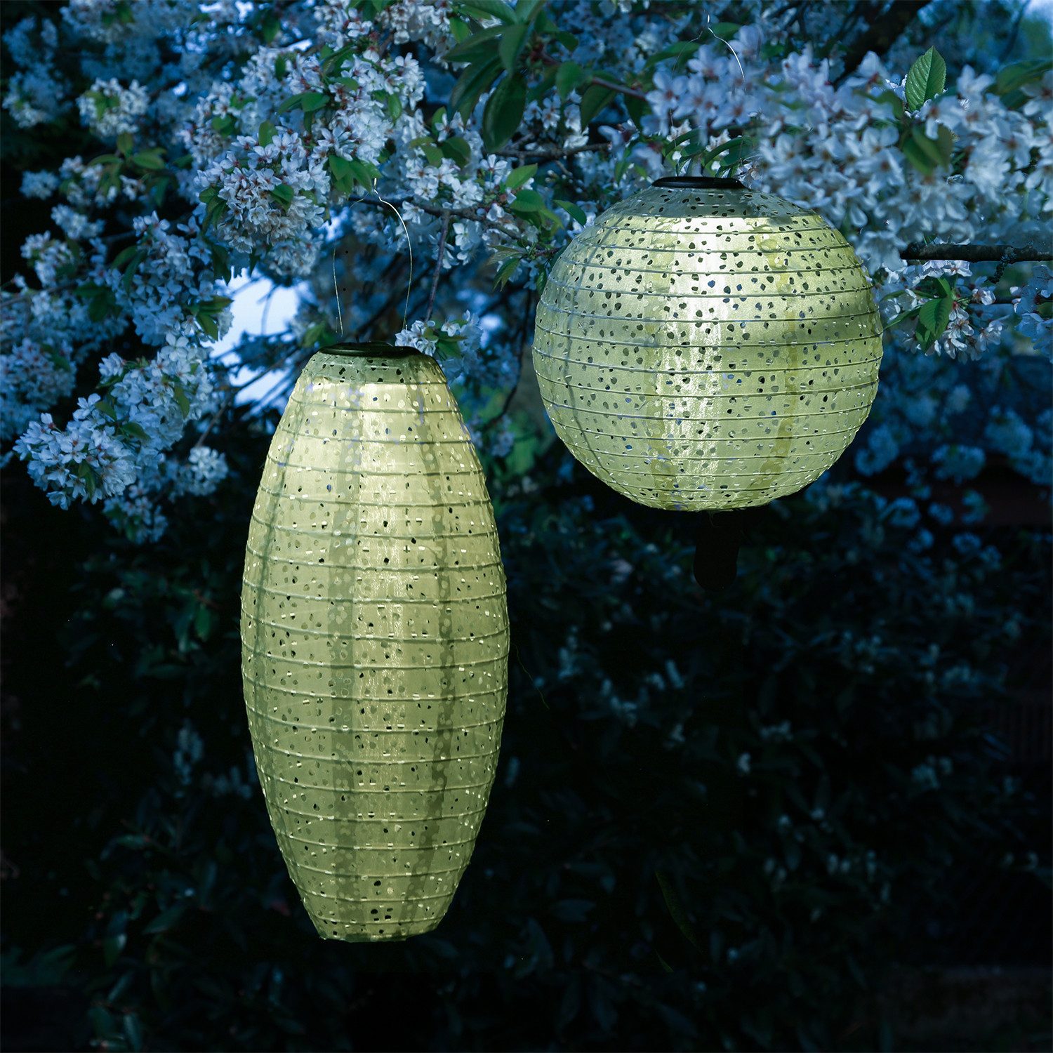 MARELIDA LED Lampion Solar Gartenlampions Blumenmuster grün Party Balkon Terrasse 2 Stück, LED Classic, warmweiß (2100K bis 3000K)