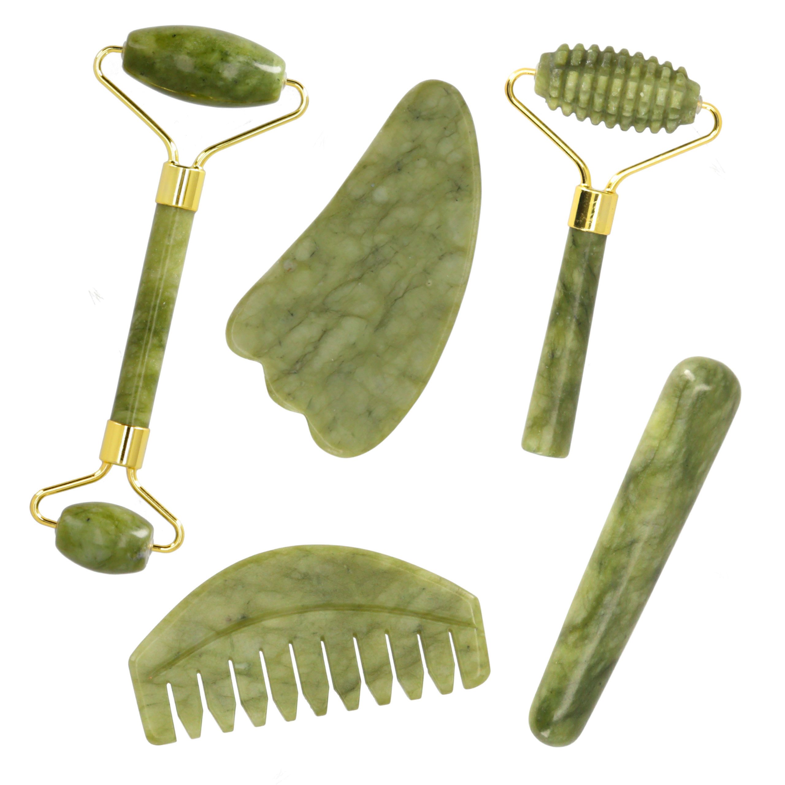 Lantelme Massagestein Jade Gesichtsmassage Anti-Aging Jadestein Gesicht Körper Hautpflege, 5-tlg., Auswahl Gua Sha Stein Stab Roller Kamm oder als Set
