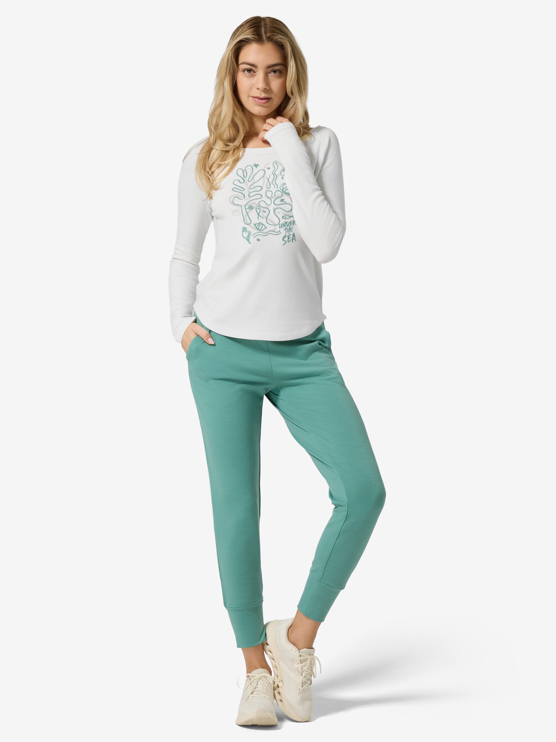 SUPER.NATURAL Sweatshirt für Damen,Merino W UNDER THE SEA CREW mit Sommer-Motiv, atmungsaktiv