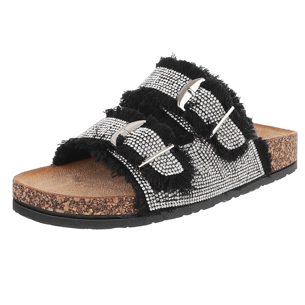 Ital-Design Glamouröse Damen Sandalen mit Strass und Korkfußbett Pantolette (91512402) Flach Pantoletten in Schwarz