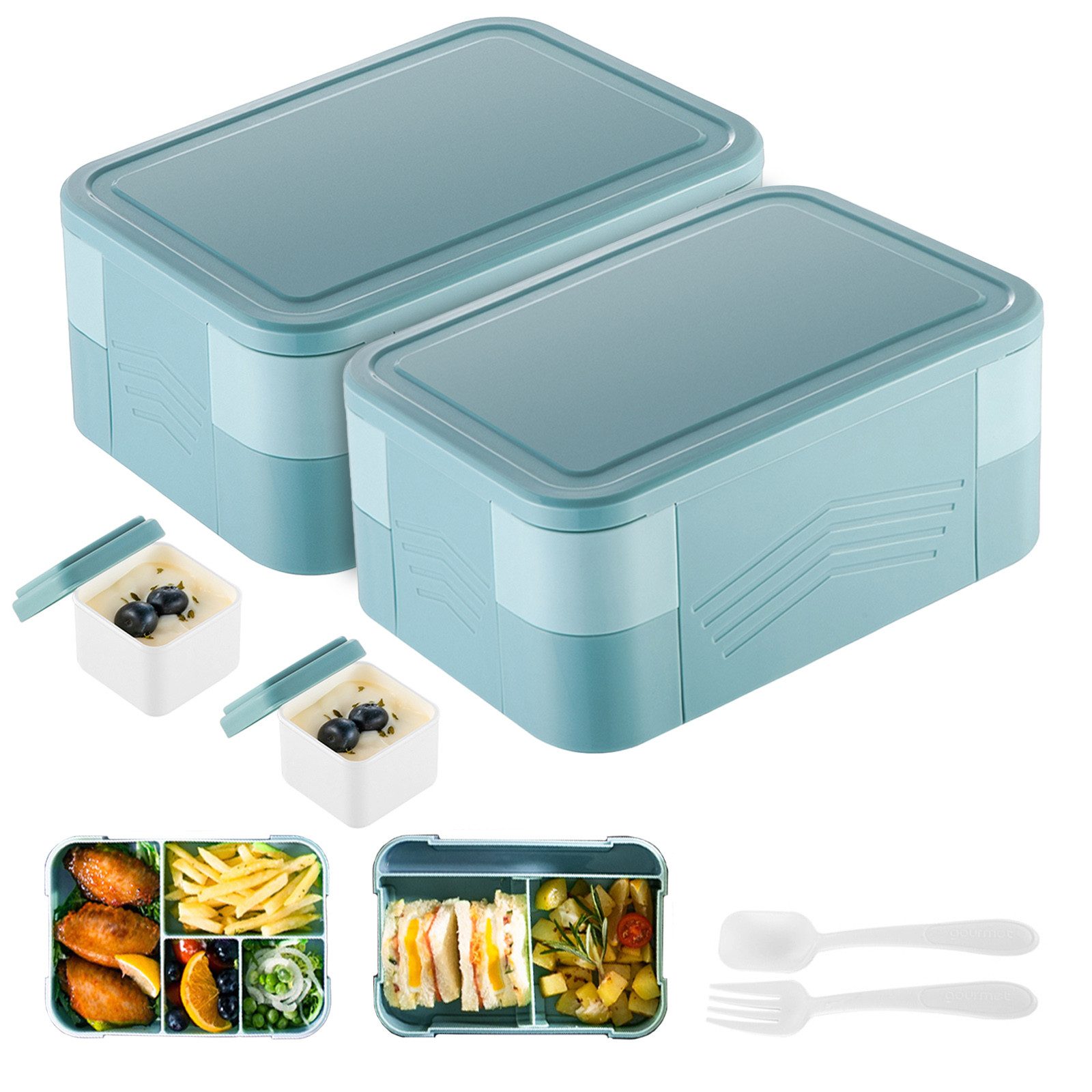 CALIYO Lunchbox 2-Tlg Lunchbox für Erwachsene, 1550ML Brotdose Kinder mit Fächern, (2-tlg), Auslaufsicher Bento Box Jausenbox für Picknick Arbeit Reisen