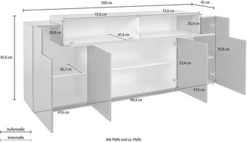 möbelando Sideboard Corona (BxHxT: 200x85,6x45 cm), in weiß/weiß hochglanz mit 4 Türen und 3 Einlegeböden