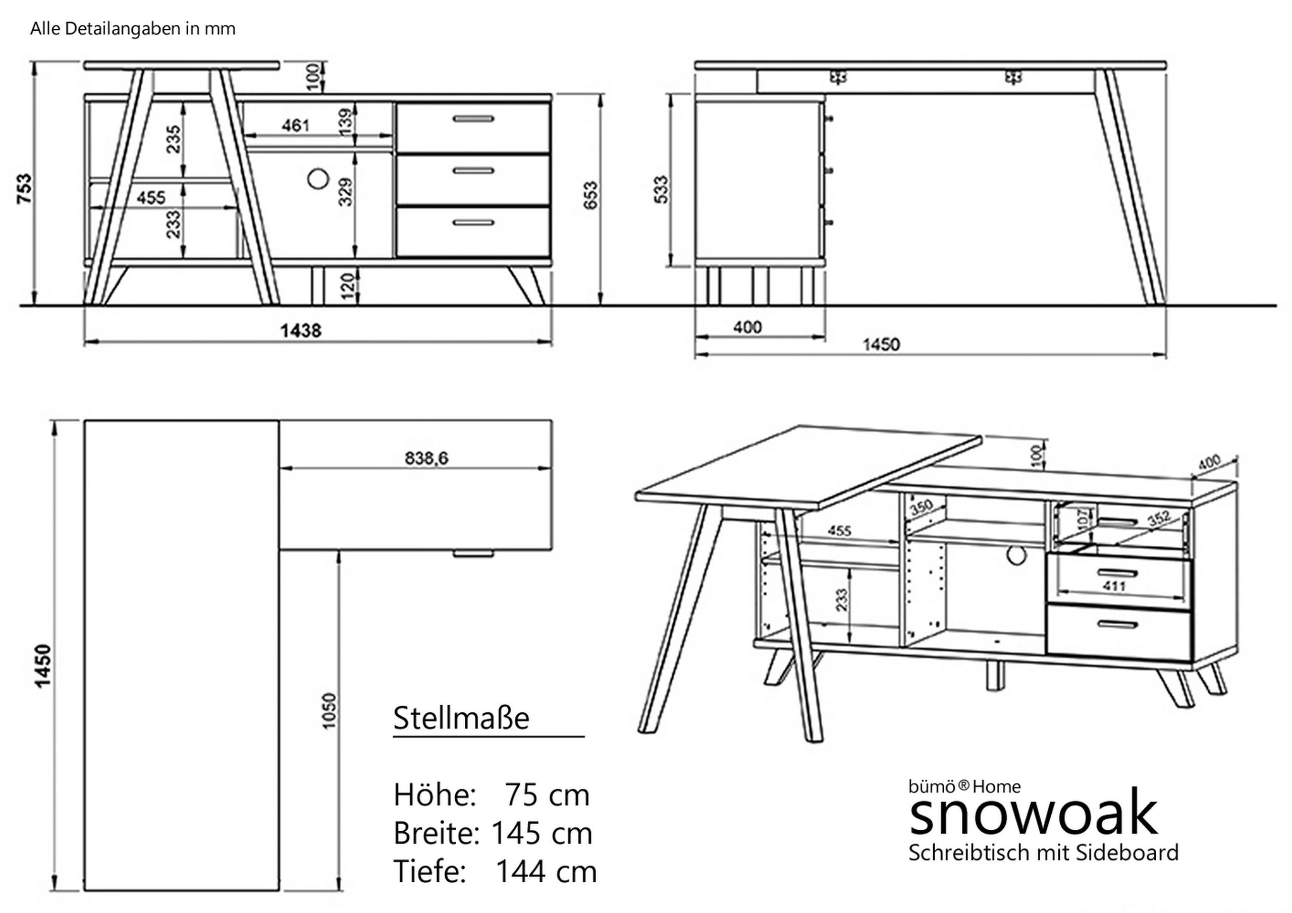snowoak, in Weiß/Eiche Schreibtisch integriertem Sideboard mit Bürotisch bümö