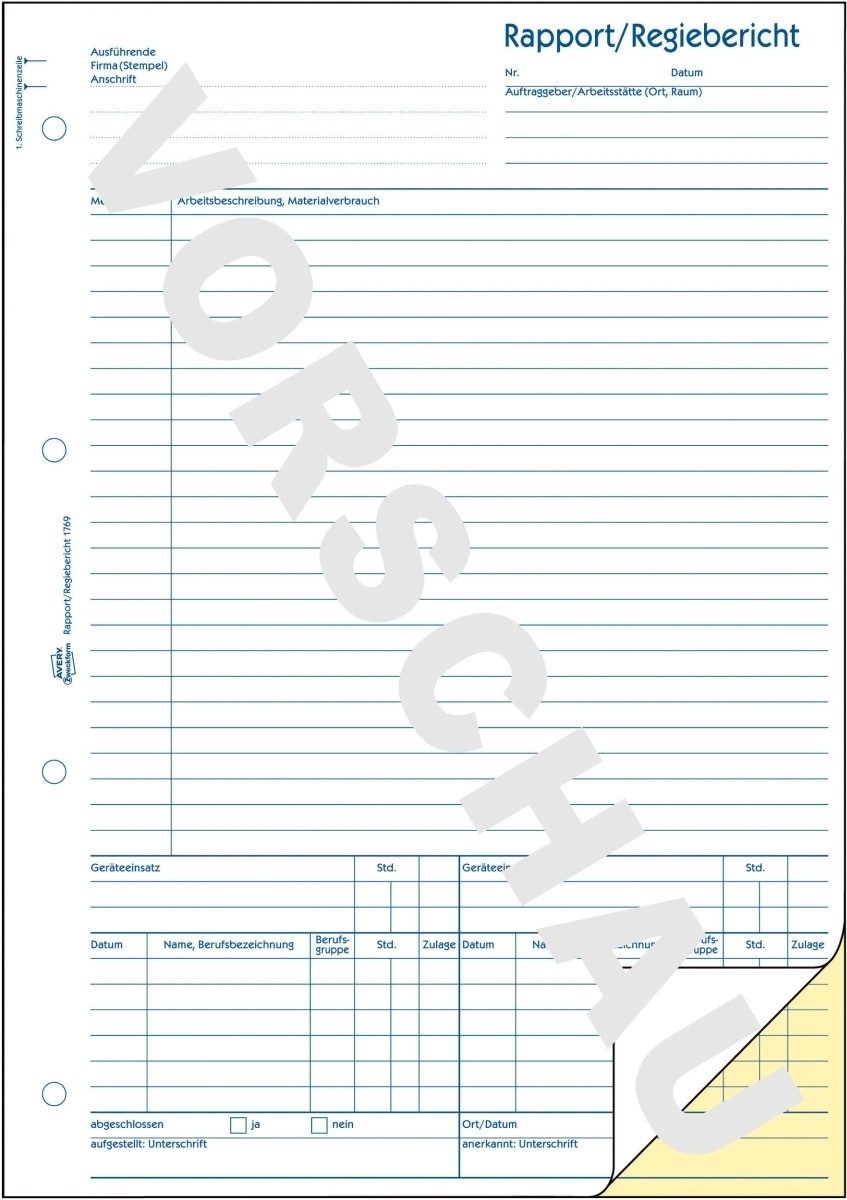 Formularblock Formularbuch Rapport/Regiebericht A4 selbstdurchschreibend 2x40 Blatt