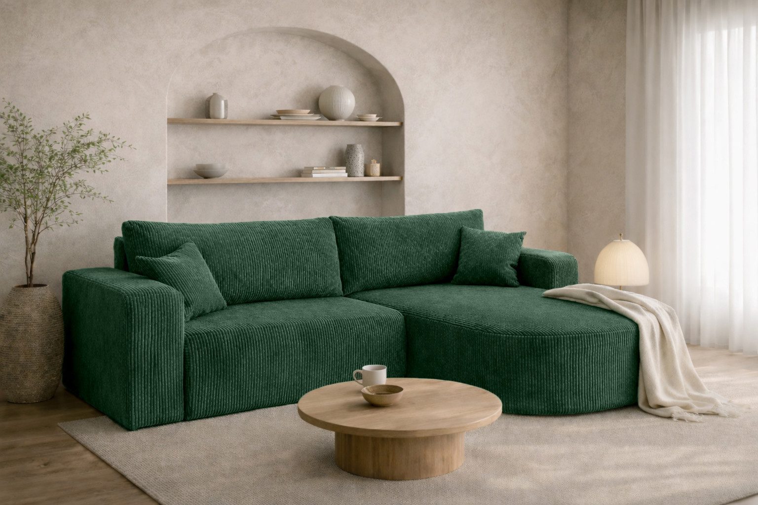 Kaiser Möbel Ecksofa mit Schlaffunktion für Wohnzimmer, Cordstoff Poso, ROUND ONE, abgerundete Form, Liegefunktion, Stauraum, modernes Design