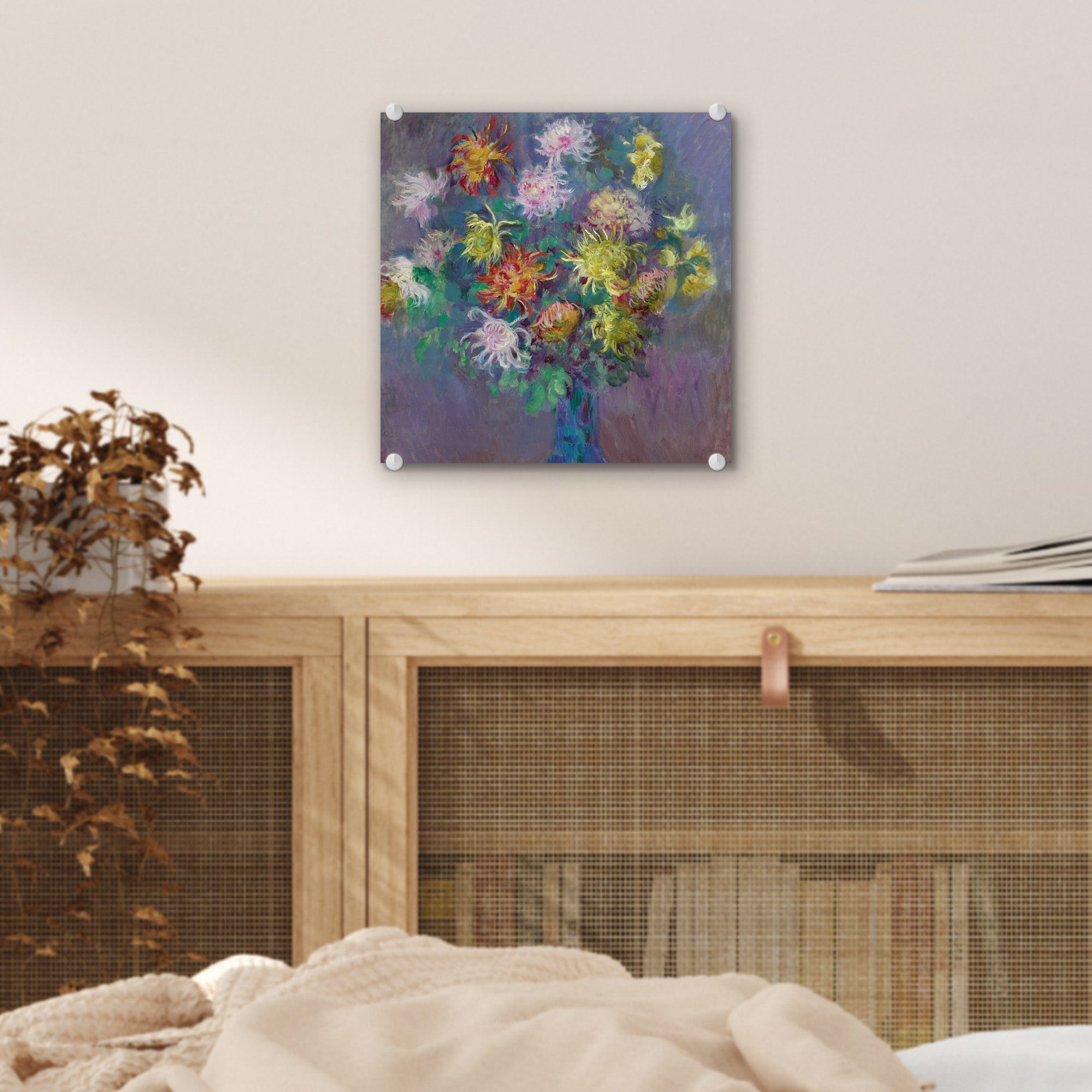 Monet, Glas - auf St), Foto auf Bilder Claude Acrylglasbild - Wanddekoration (1 Vase - Wandbild - Glasbilder Chrysanthemen mit MuchoWow Glas
